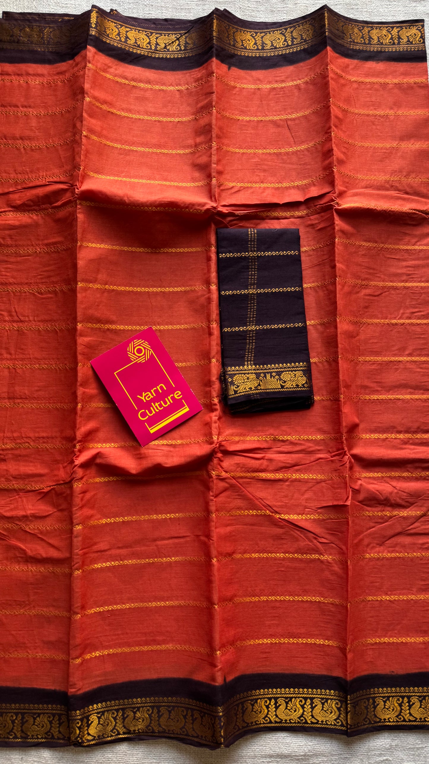 Orange with brown velthaari patterned kattuchayam dyed madurai cotton saree - YCCOTNMSFE274
