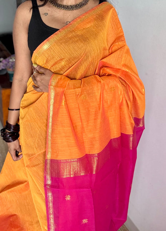 Orange with rani pink, gold buttas, semi maheshwari cotton silk - YCCOTNCSDE88