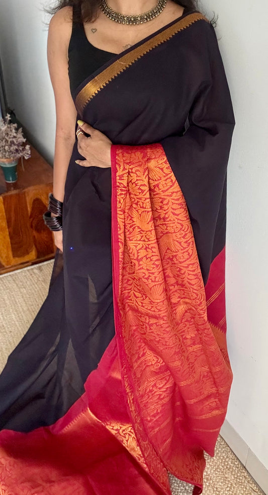 Black with red vanasringaram long border - madurai soft cotton - YCCOTNSEMS70