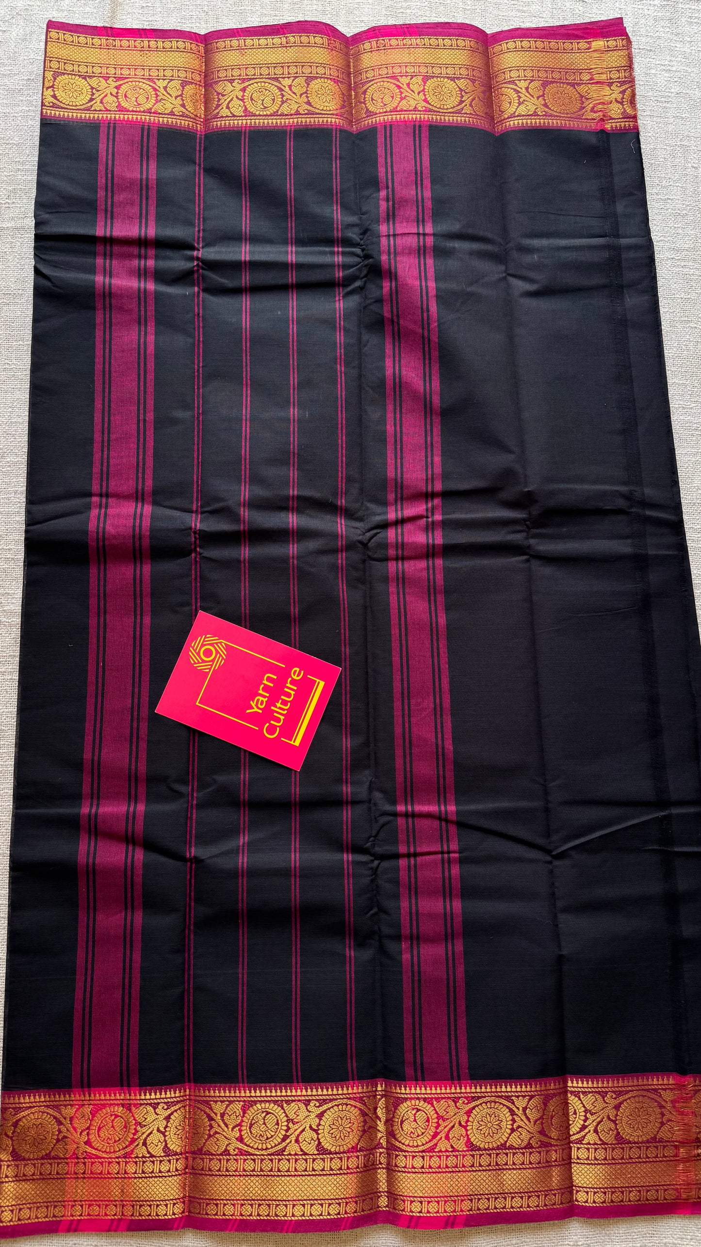 Black with magenta gold zari border Chettinad cotton saree - YCCOTNCCFE156