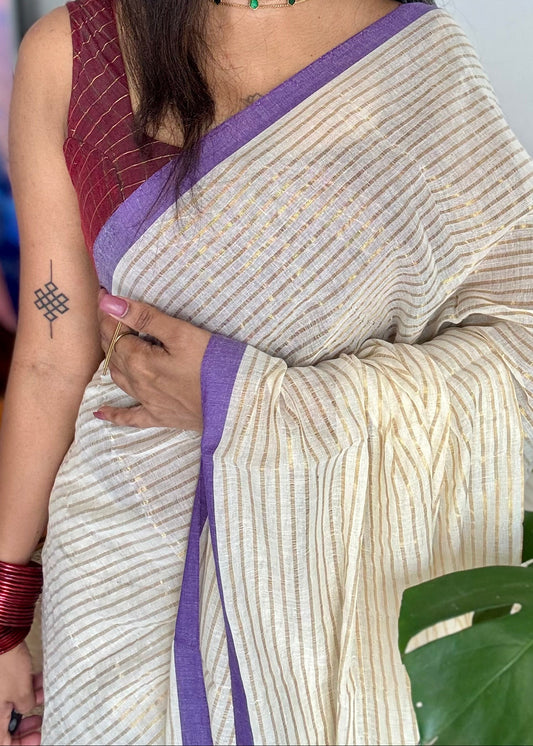Ivory mul saree, gold stripes, purple border - YCIEON21