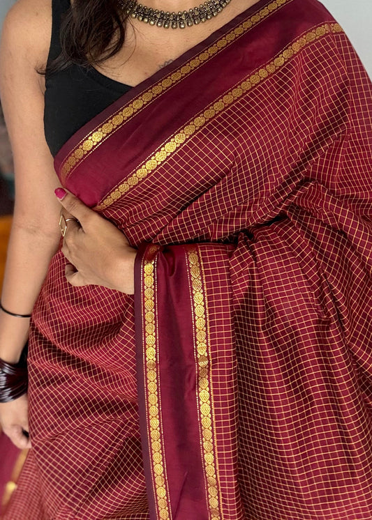 Maroonish brown, arani checks, cotton silk - YCCOTNOCAR07
