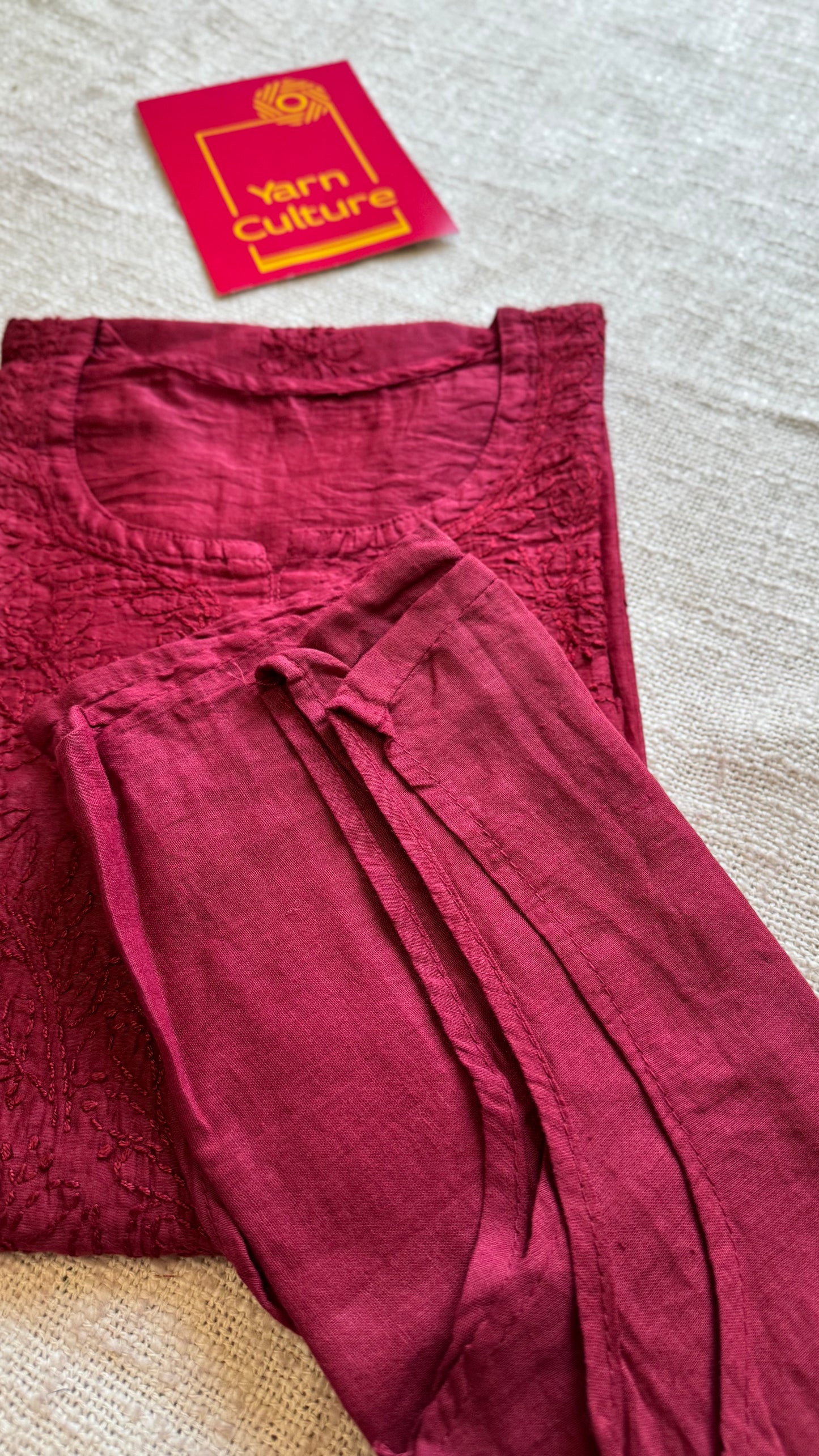 Deep carmine muslin chanderi chikankari with bakhiya work, stitched kurta, round neck, three fourth sleeves - YCSECK21