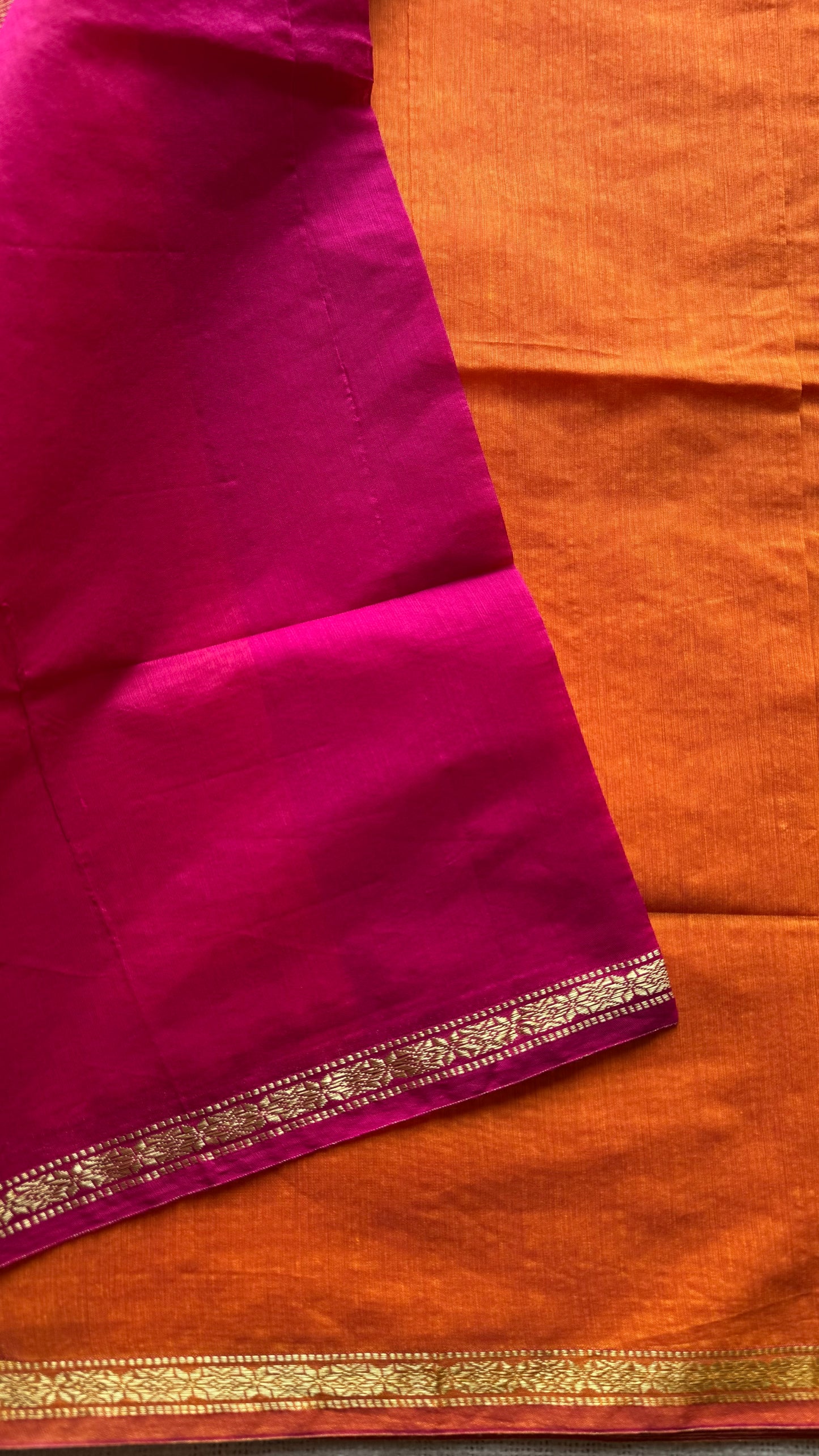 Orange with rani pink, gold buttas, semi maheshwari cotton silk - YCCOTNCSDE88