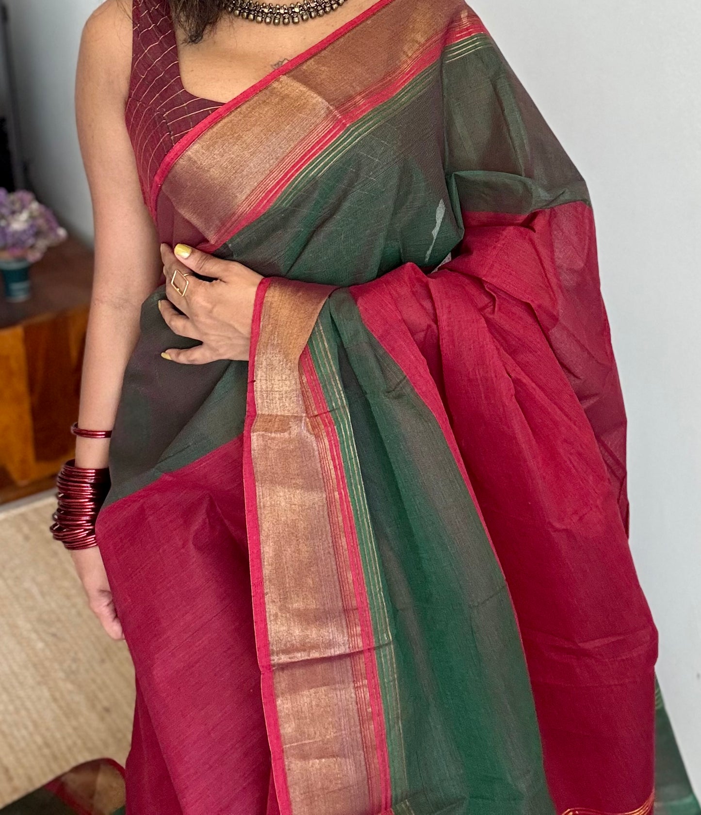 Maroon and green Chettinad cotton saree with antique gold zari border - YCCOTNCCFE152