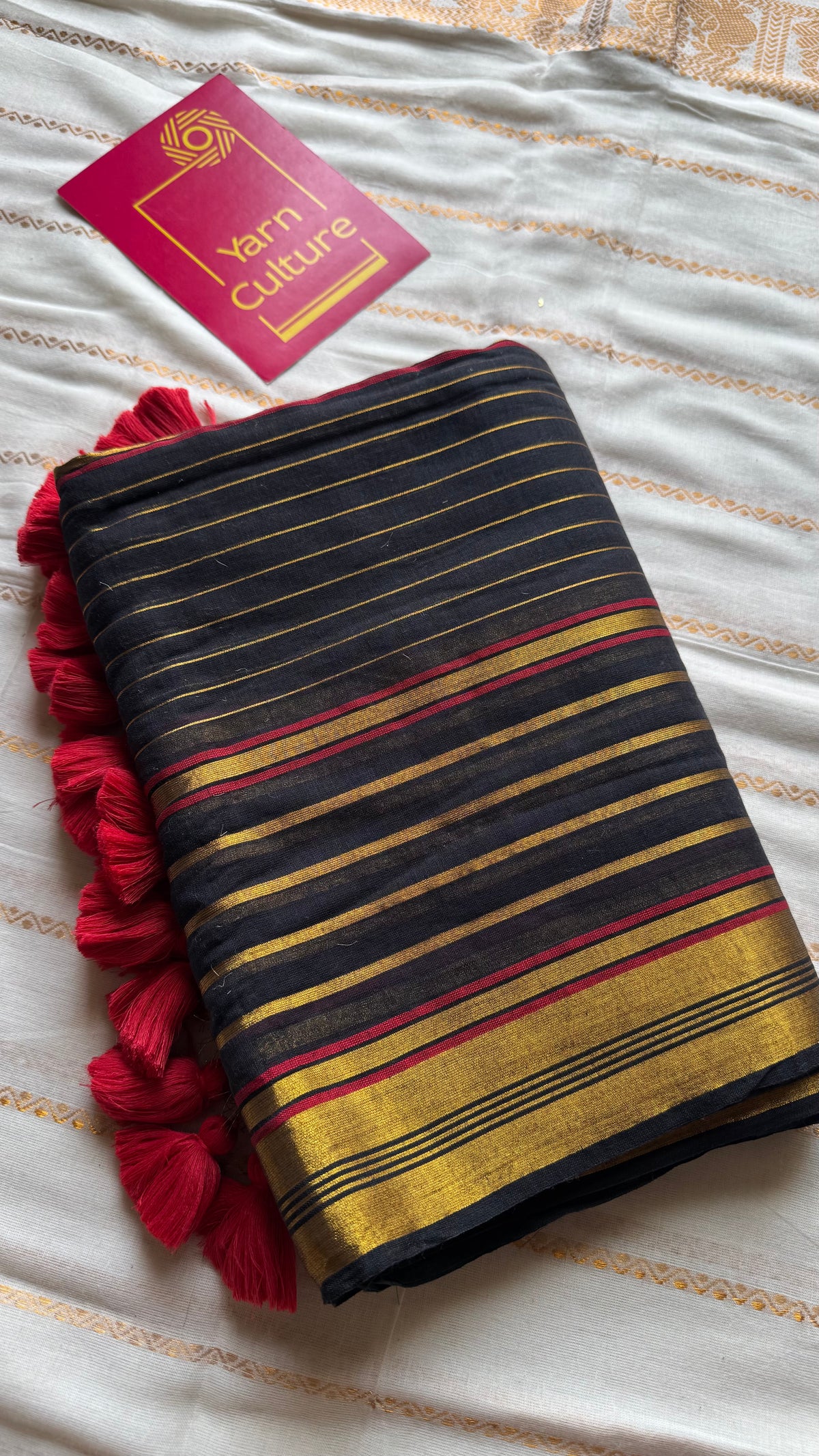 Black mul cotton saree with gold and maroon zari stripes - YCBCMCSE27