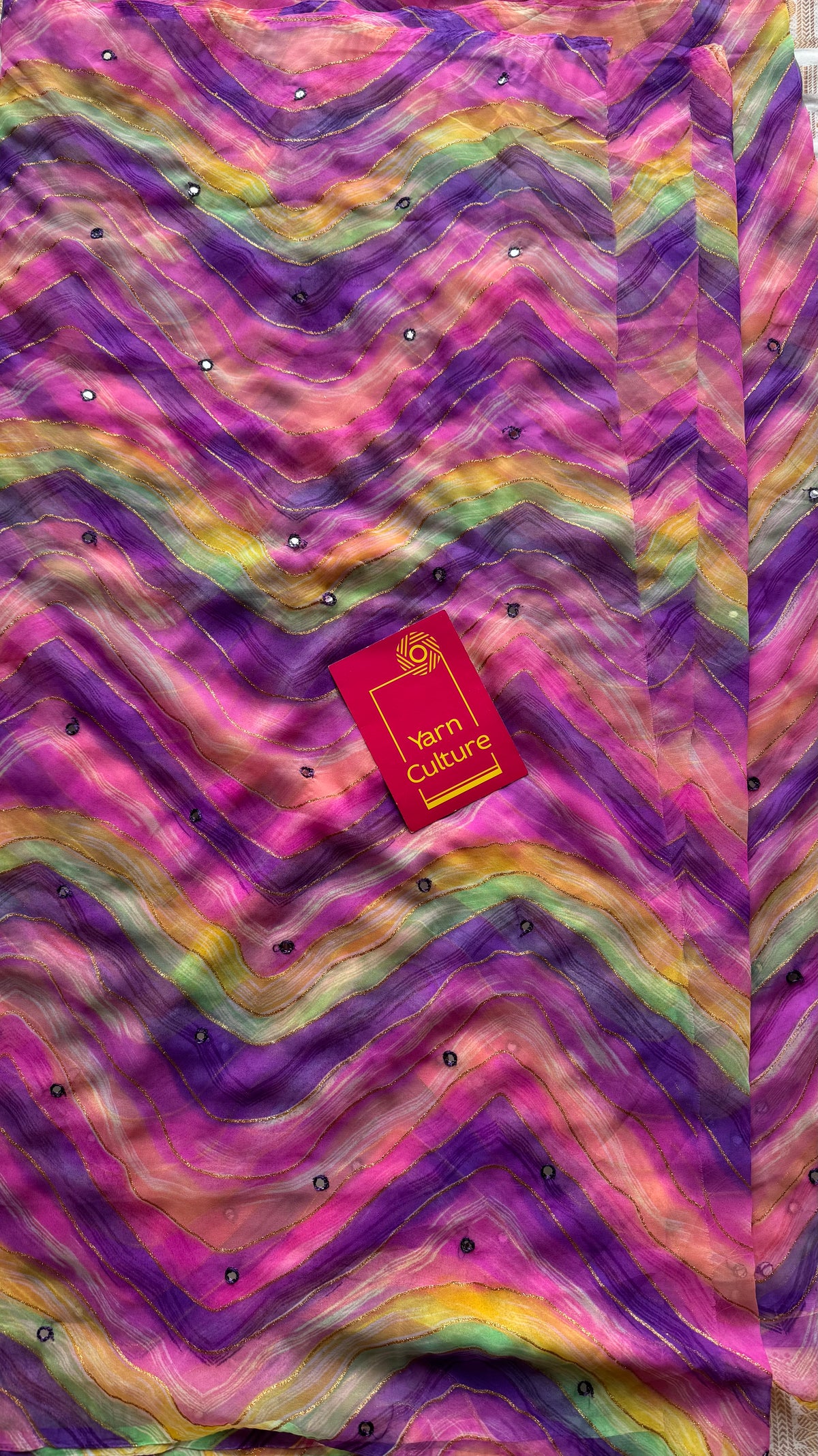 Purple pink multicoloured leheriya chiffon saree with mirror work  - YCTORLOC95