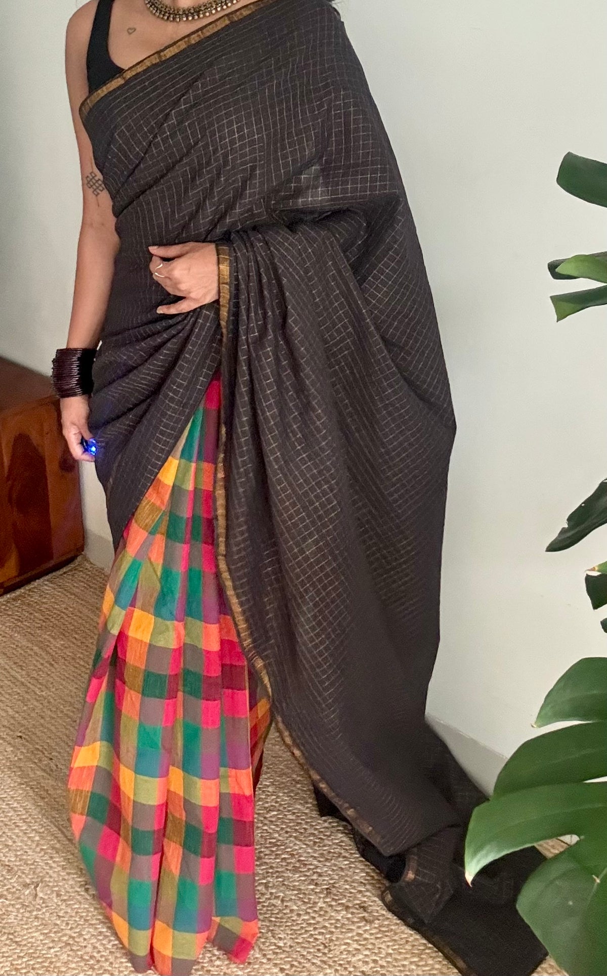 Black with multicoloured checks, cotton half-half saree - YCCOTNIDOC42