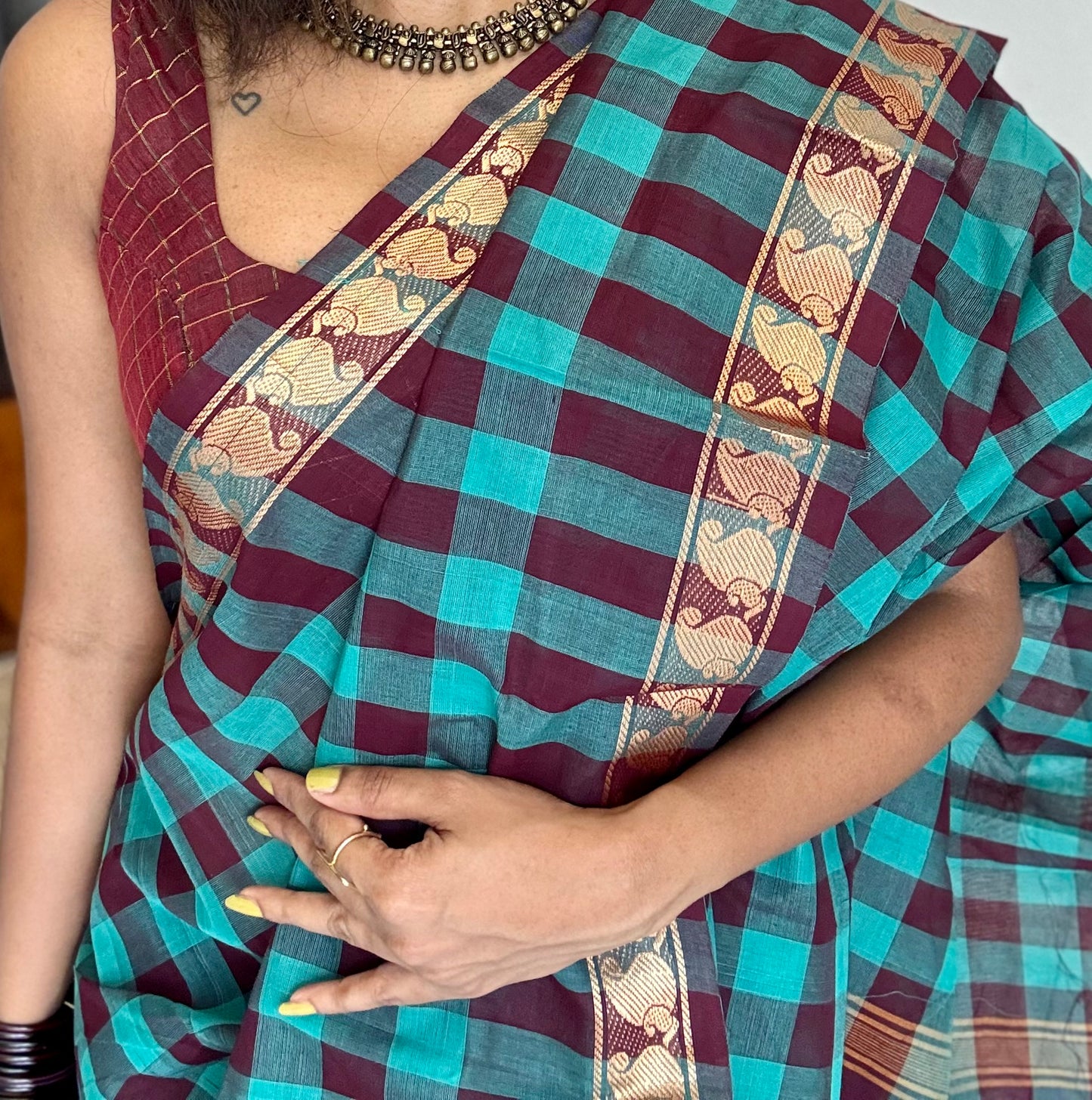 Multicolour Chettinad cotton saree with Paalum Pazhamum checks (Aqua Blue, Cyan & Brown) - YCCOTNCCFE151