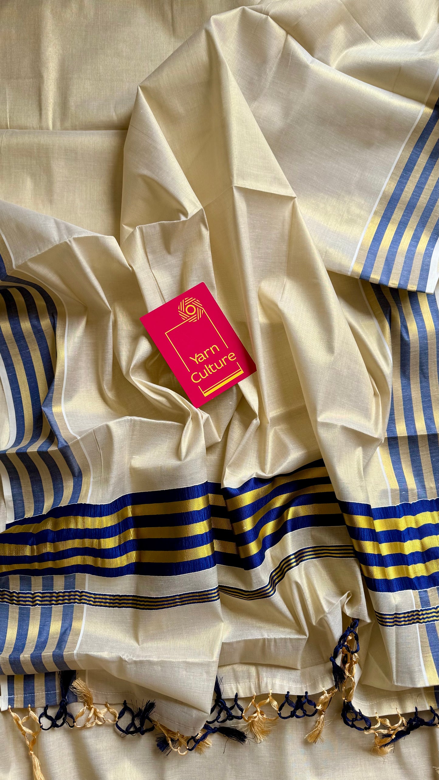 Ivory and gold soft tissue cotton saree, royal blue border - YCIEON66