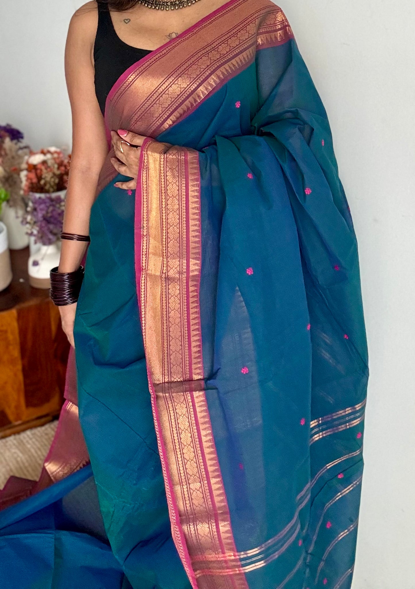Kanchi cotton saree, peacock blue with dark pink border - YCCOTNAP86