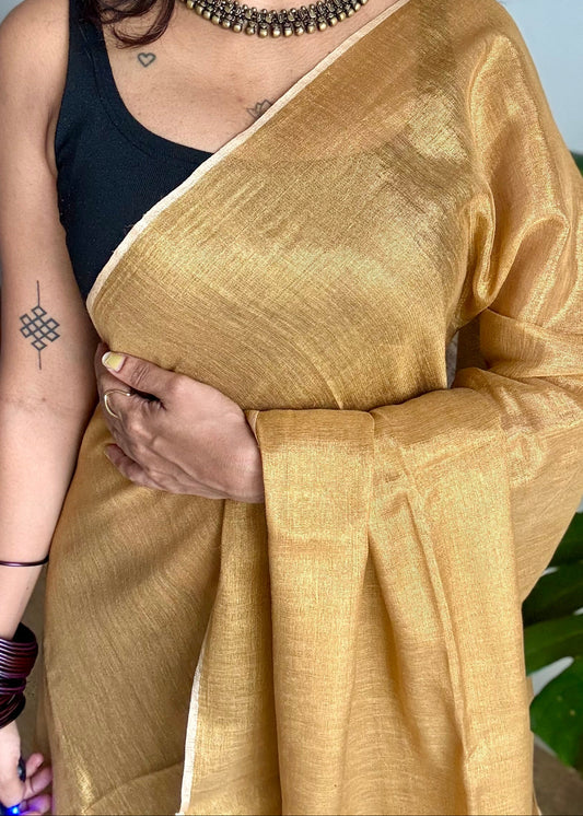 Plain gold, dual tone metallic tissue linen saree - YCBCLTOC60
