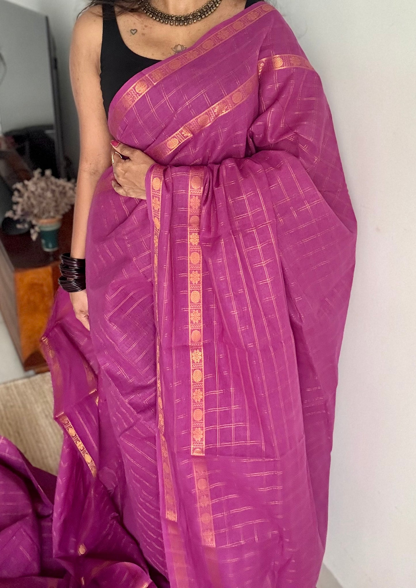 Purple pink adayar gold zari kattam, sungudi cotton - YCCOTNOCSC51