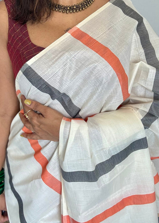Ivory Kerala cotton saree with peach and dark grey stripes - YCIEKCFE305