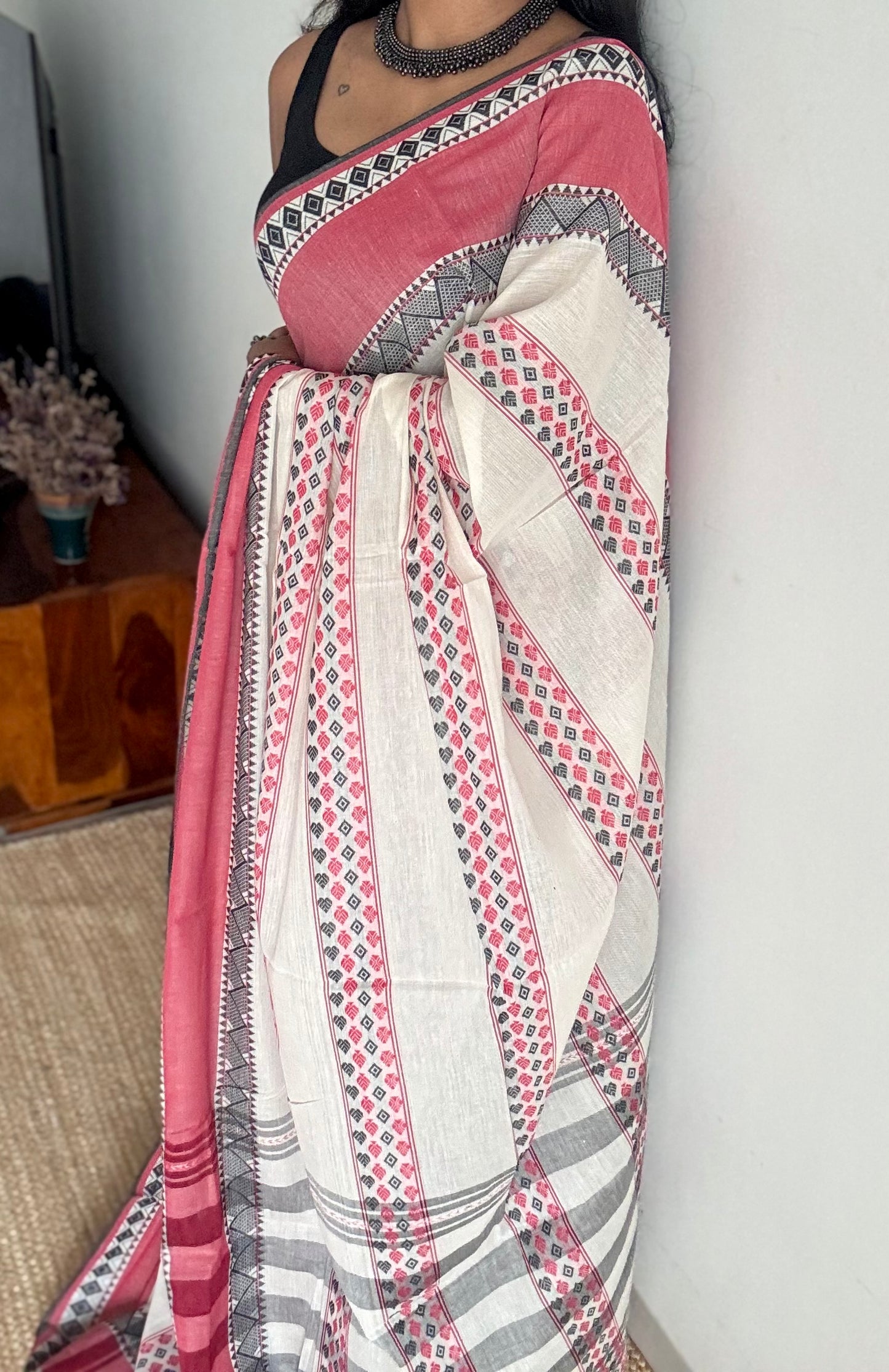 Pure Dhaniakhali tant in white, red and black patterened border - YCBCDP23