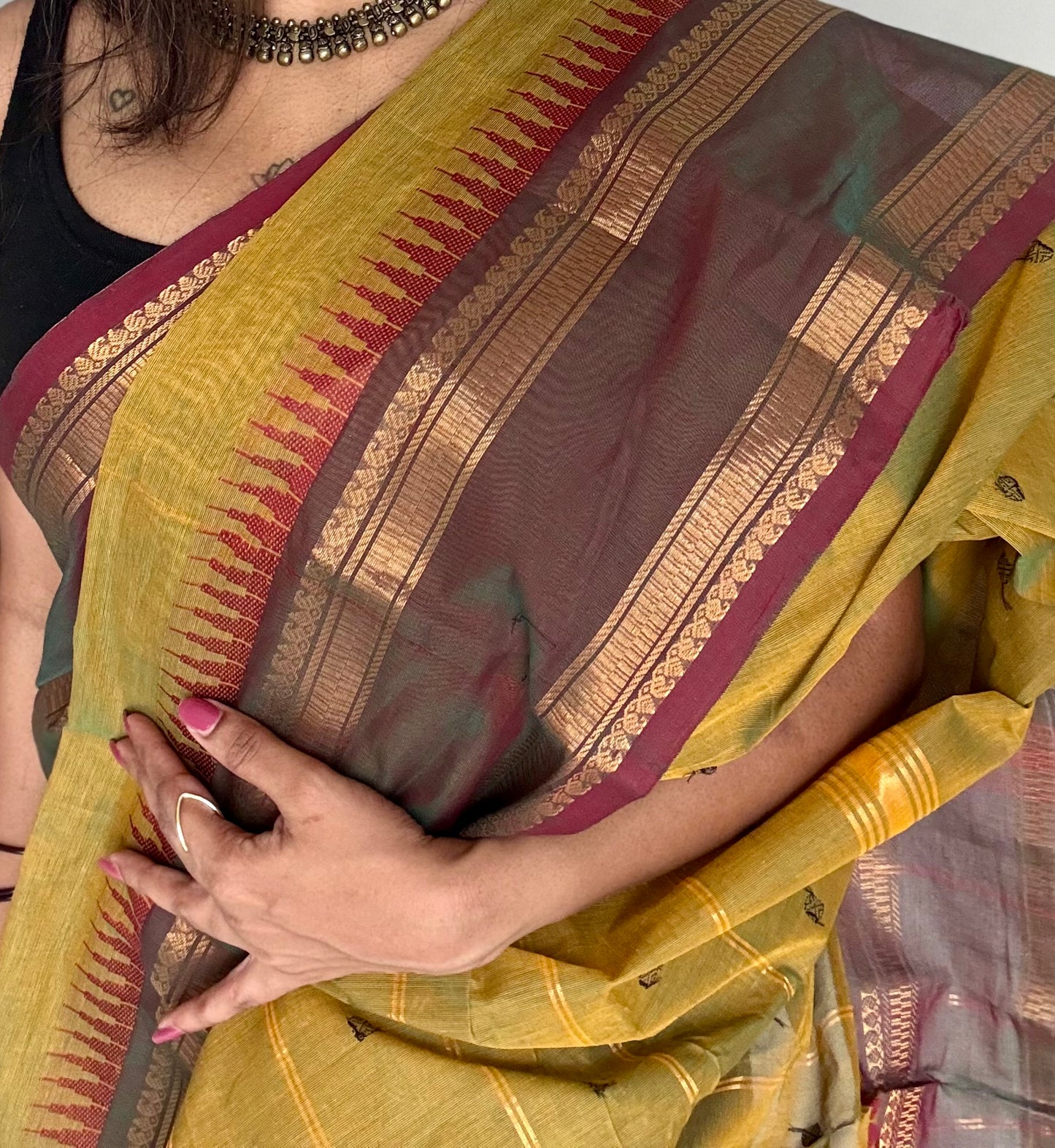 Kanchi cotton saree, light green with brown border - YCCOTNAP85