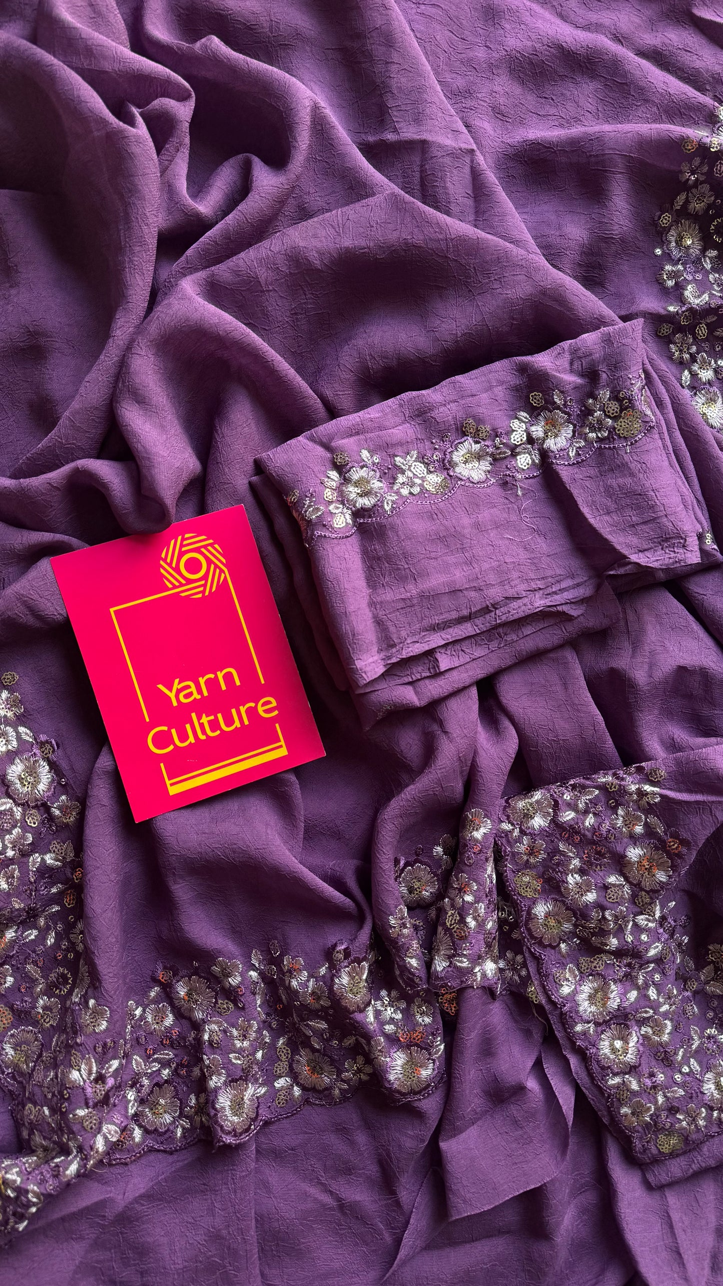 Purple Garden - dark purple with floral sequins embroidered borders, semi-crepe- YCDOSNO47