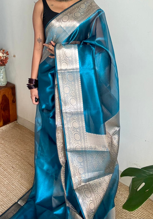 Peacock blue tissue Banarasi saree with zari border - YCBLTOC86