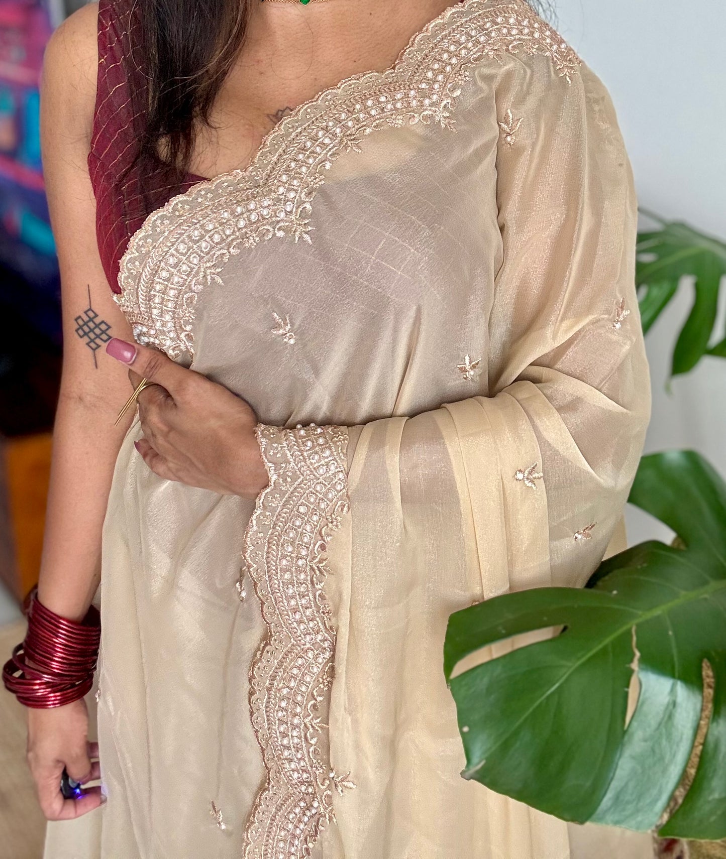 Gold soft chiffon saree, with pearl embellished border - YCIEON85