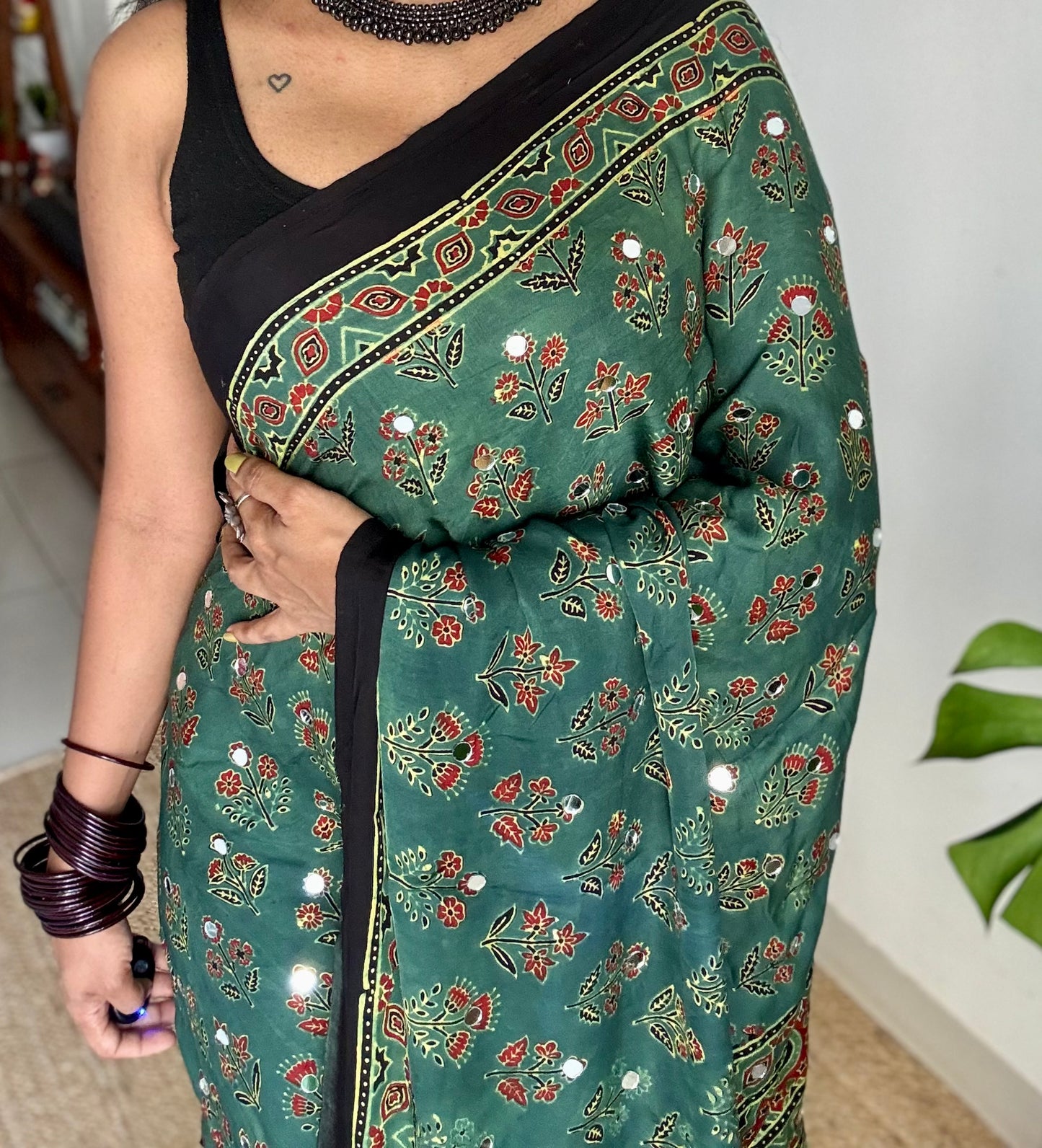 Jade green pure modal silk saree with ajrakh handblock print and mirror work - YCTOKAJM340