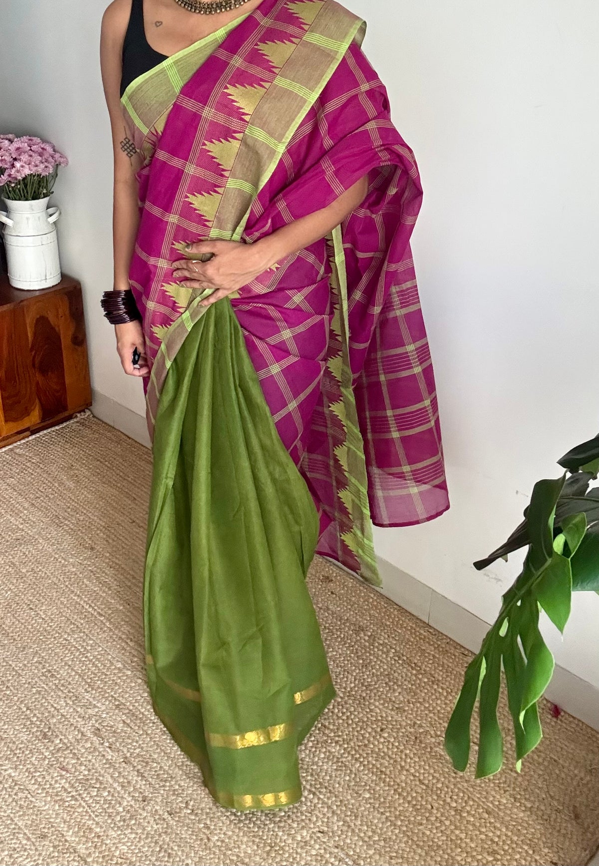 Multicoloured checks with green, sungudi and chettinad cotton half and half saree - YCCOTNIDOC149