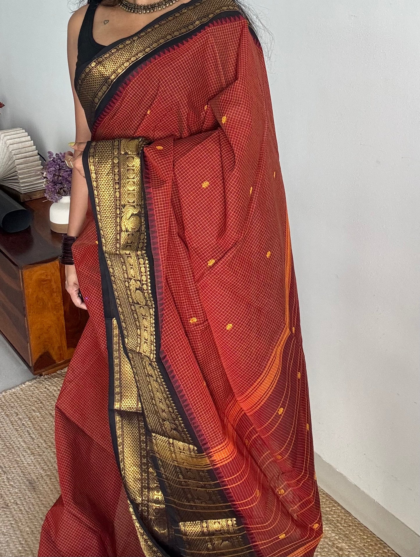 Brick red with black contrast, checkered kanchi cotton saree - YCCOTNJU20