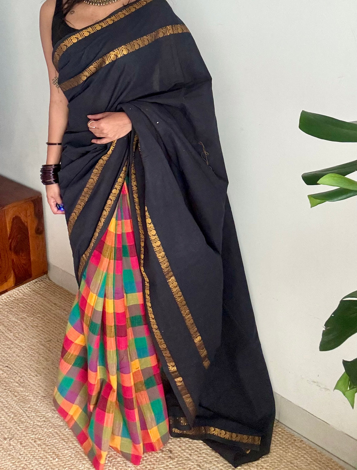 Plain black with multicoloured checks, cotton half-half saree - YCCOTNIDOC43