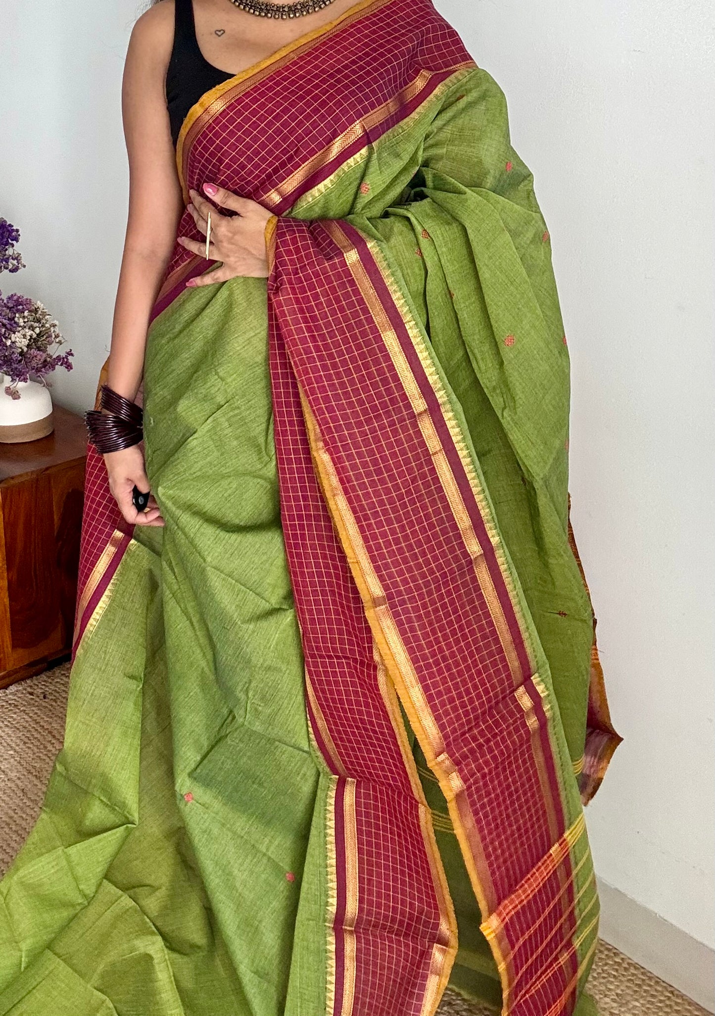 Green and maroon contrast, Chettinad cotton saree with checkered border  - YCCOTNMA271