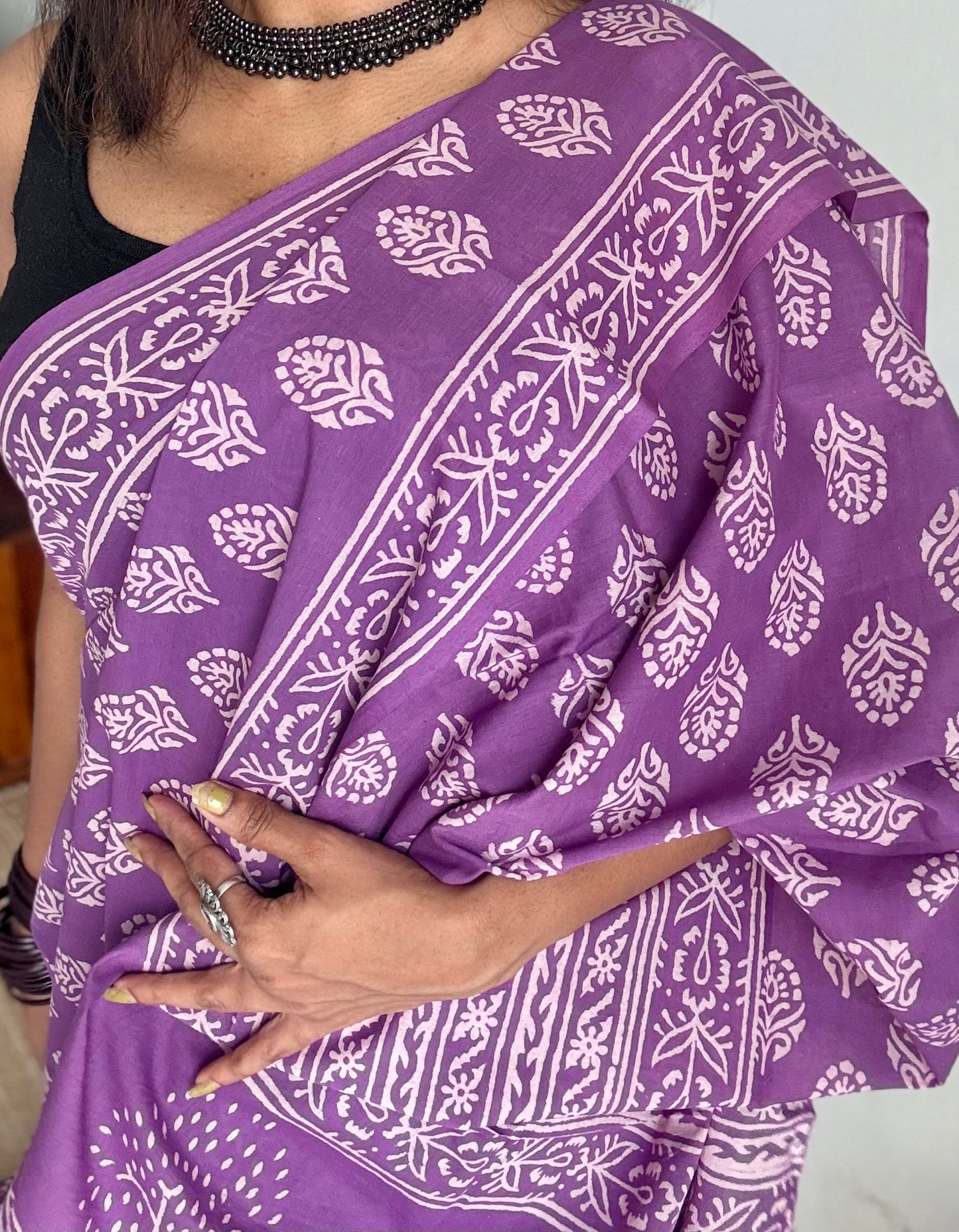 Purple with off white floral block printed soft cotton saree - YCTORCMA17