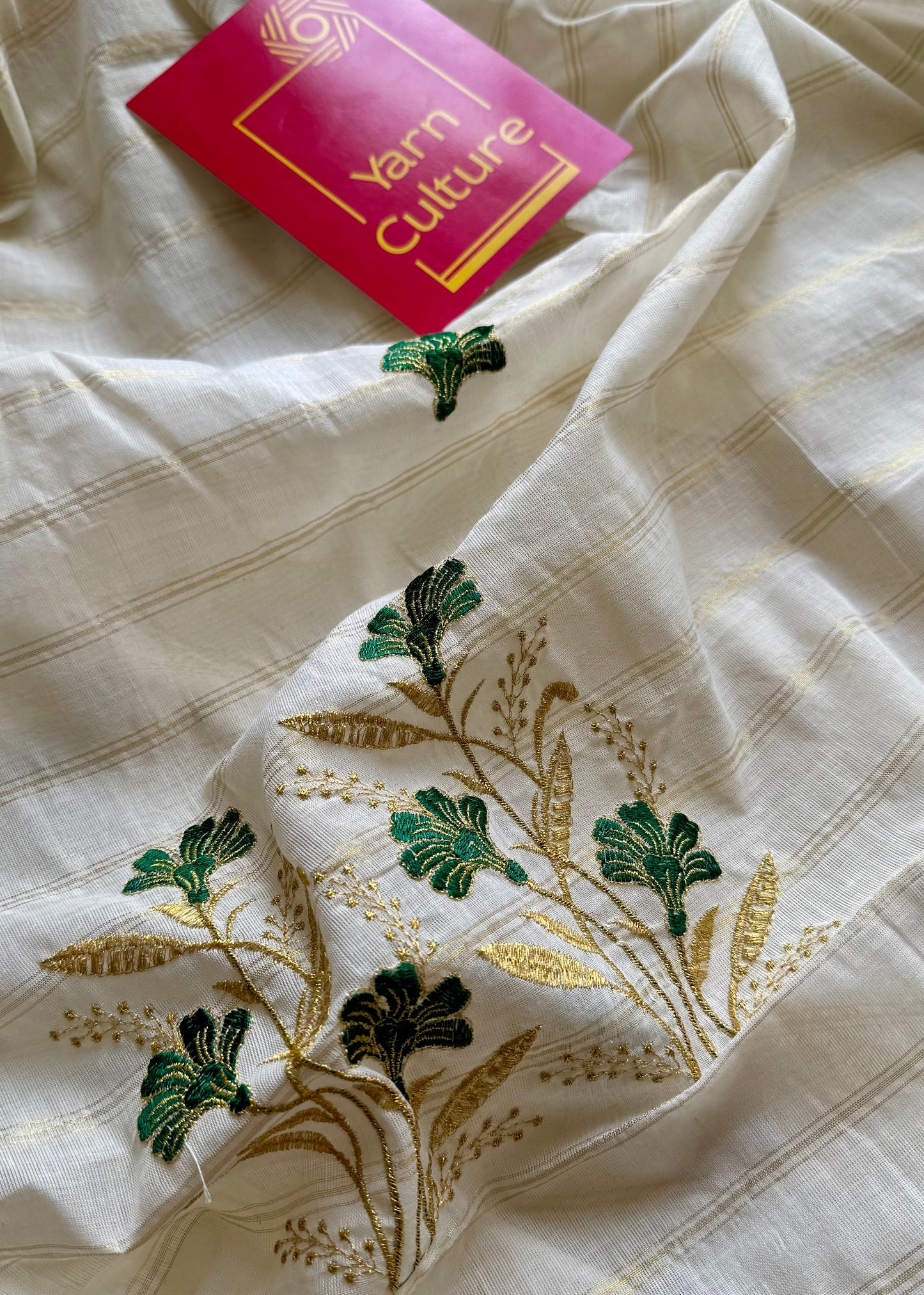 Ivory and gold soft cotton saree, dark green floral embroidery  - YCIEON51