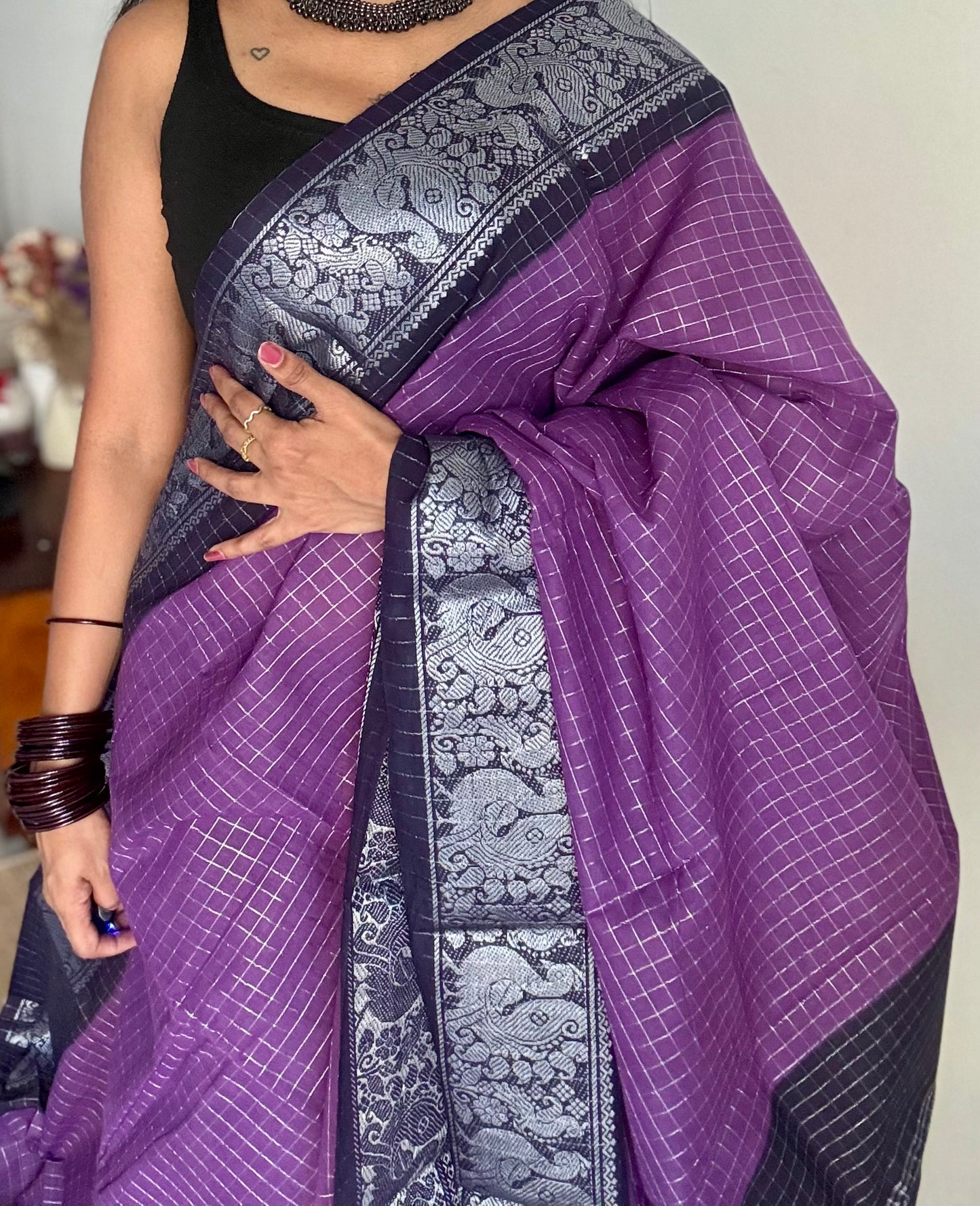 Purple with dark blue, silver zari checkered sungudi, kattuchayam dyed madurai cotton - YCCOTNMSAP105