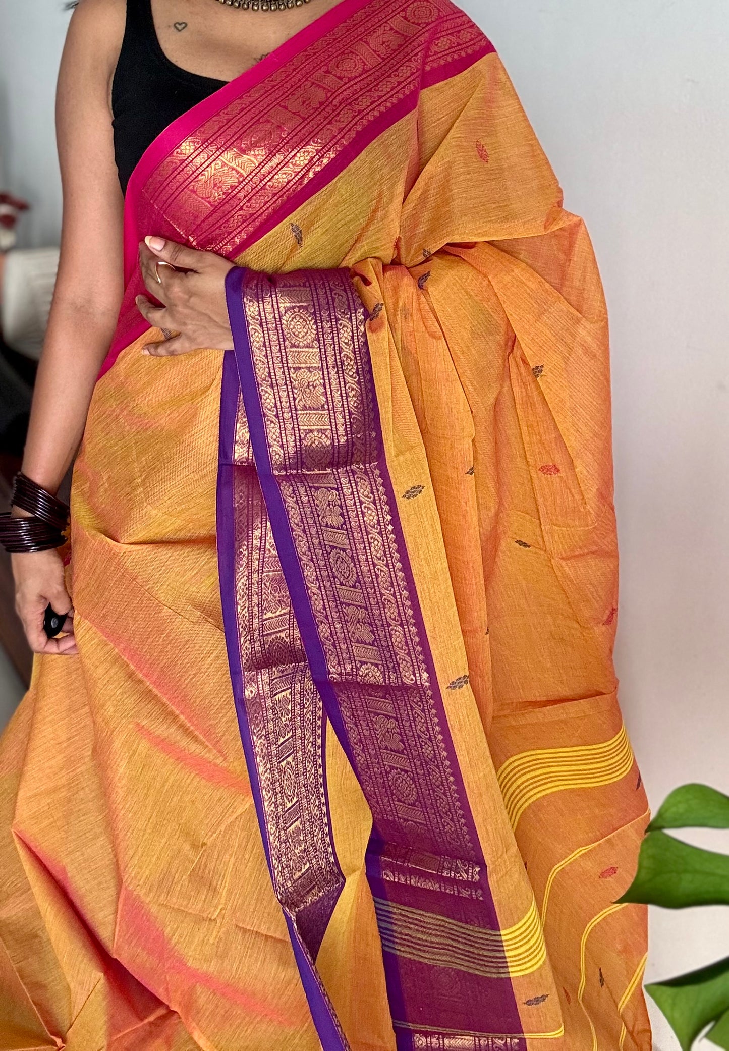 Light orange with hot pink and purple contrast, kanchi cotton saree - YCCOTNMA325