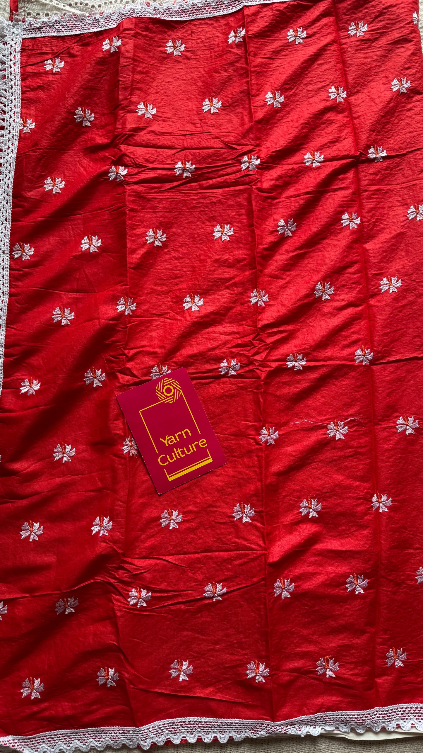 Red parijat with cream chikankari, half half saree - YCBCDP20