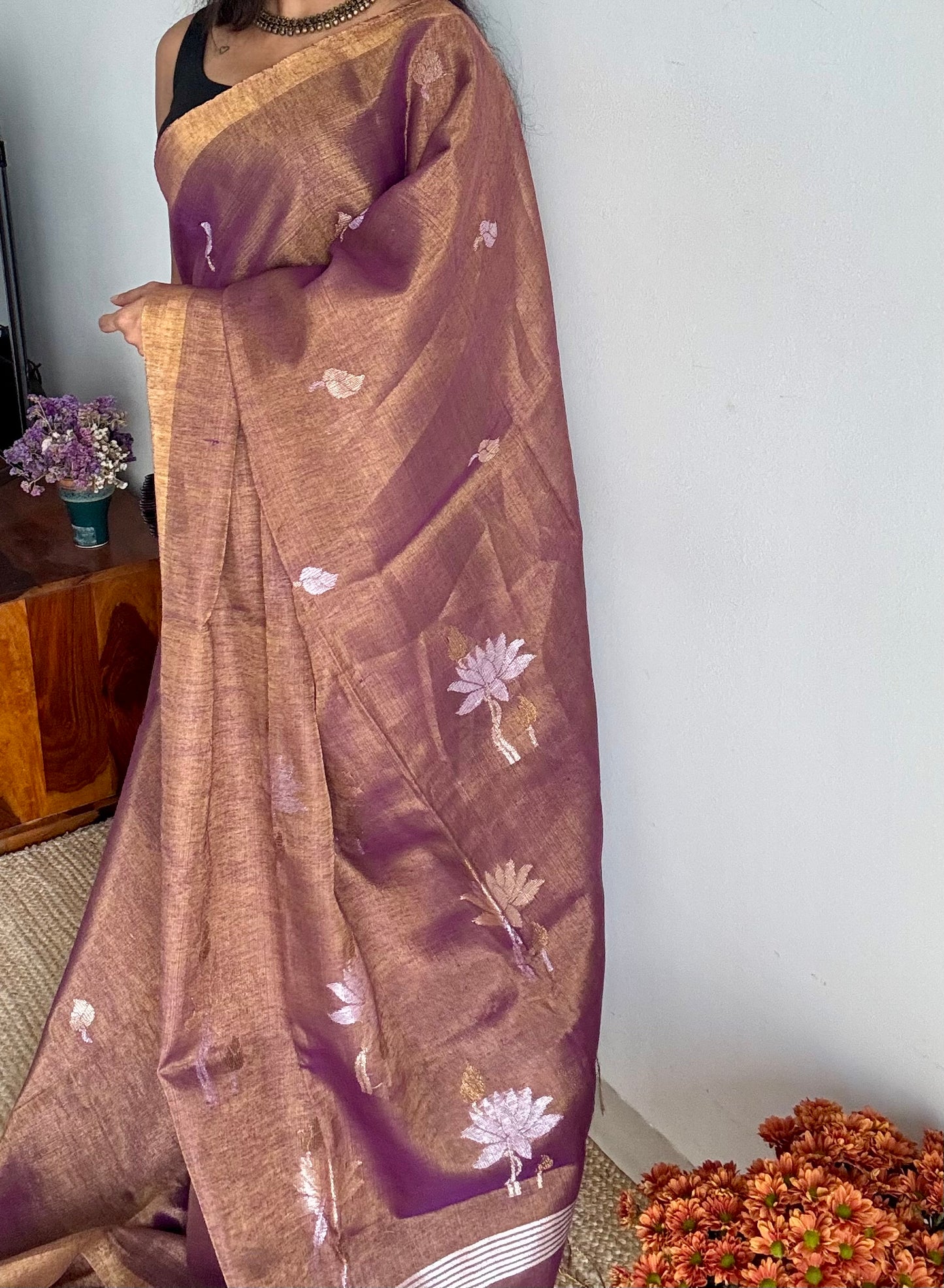 Handwoven purple gold dual tone tissue linen saree with lotus motifs - YCBCLTFE401