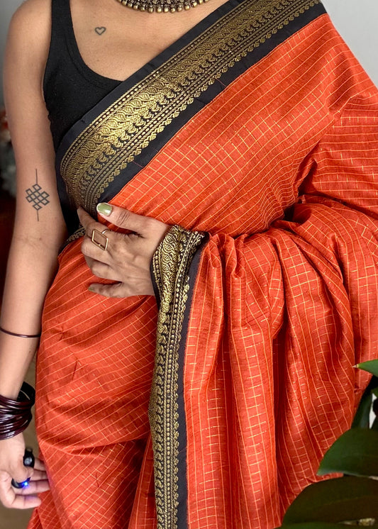 Orange with black, zari checkered saree, cotton silk - YCCOTNKCOC101
