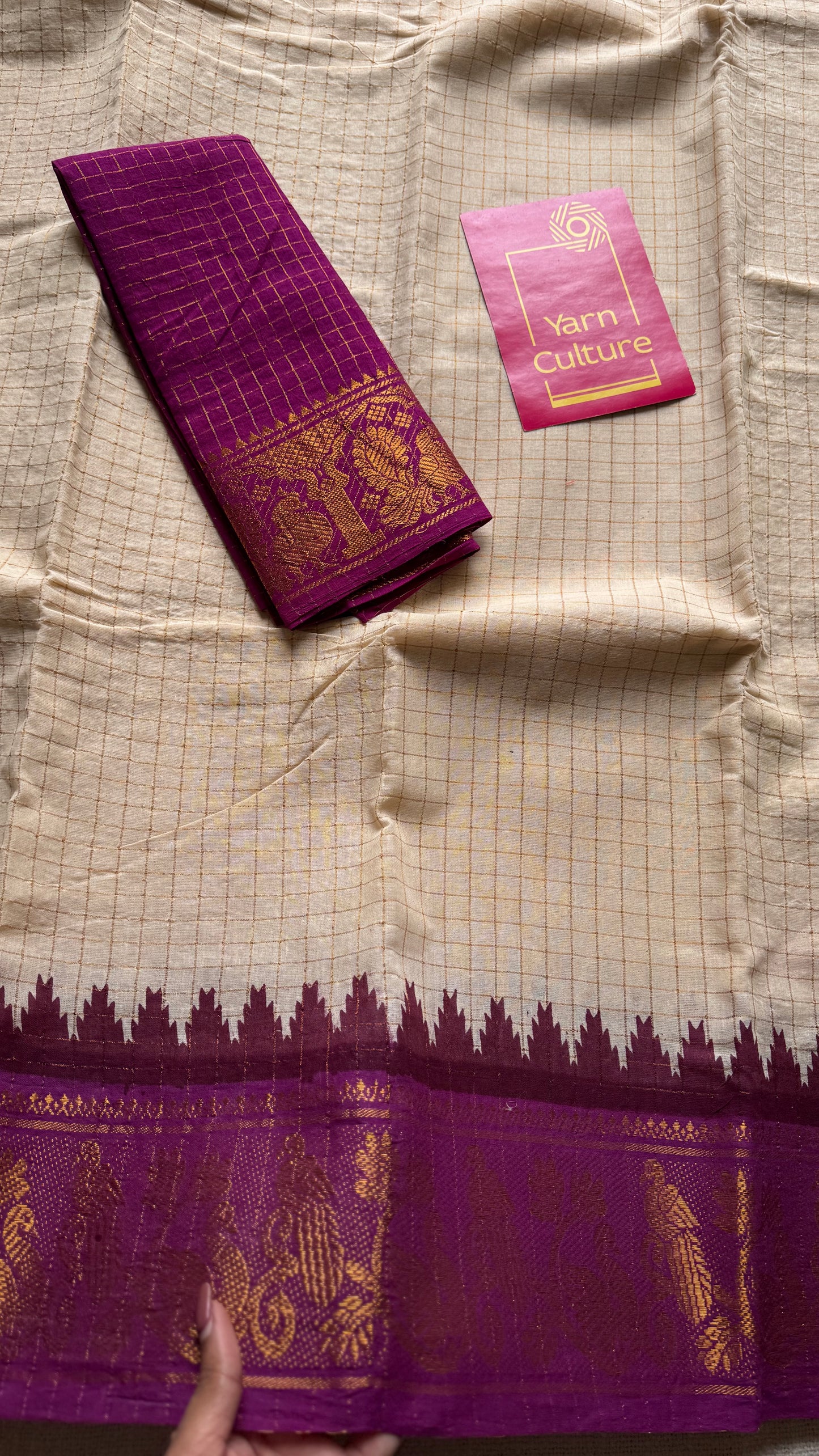 Sungudi cotton checks, ivory gold base, magenta and lime green dual tone border, soft cotton - YCCOTNMSJUL09