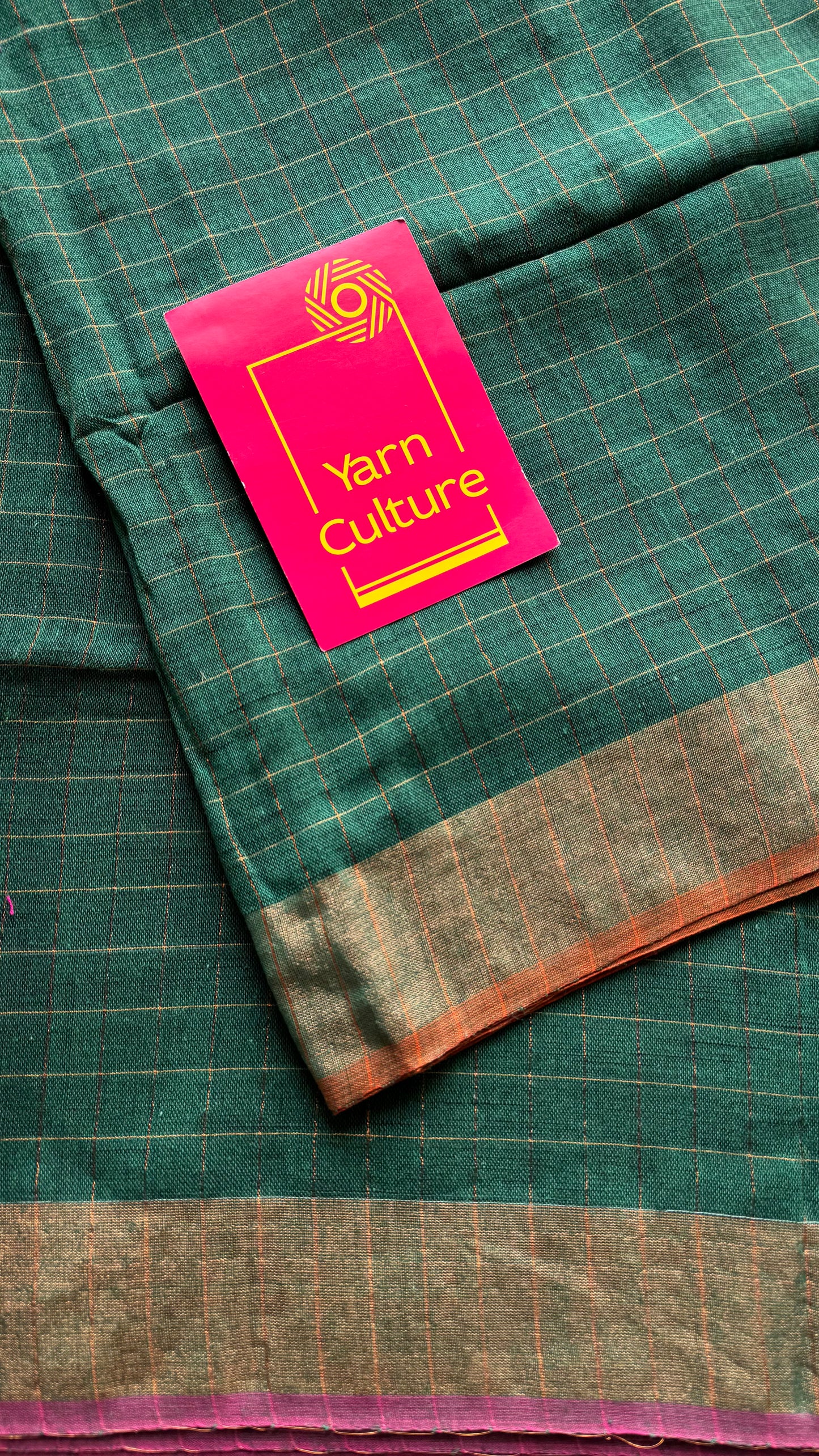 Green linen by cotton saree, gold checks & copper zari pallu - YCBCLCAP56