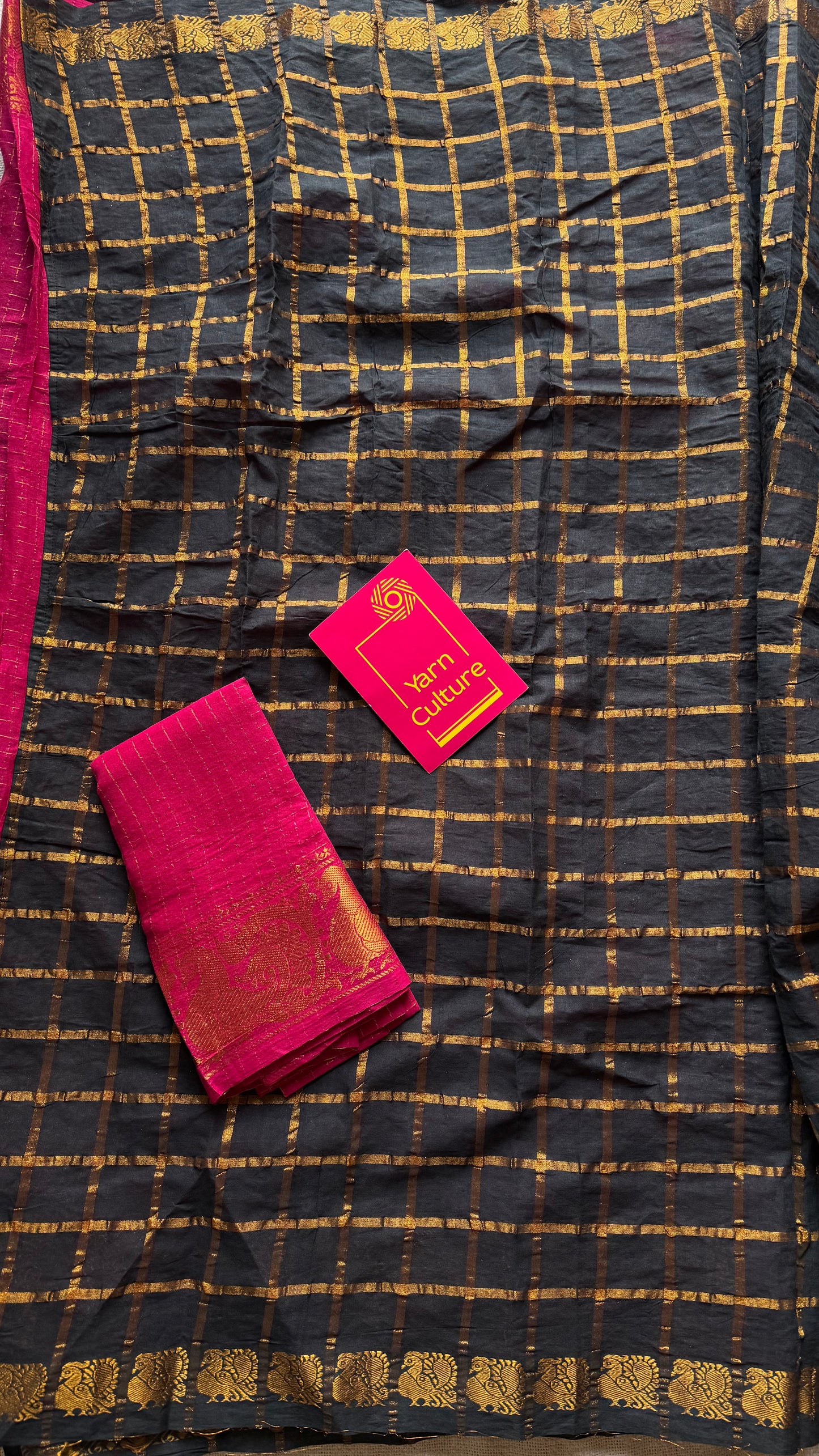 Hot pink with black, sungudi cotton half-half saree - YCCOTNMSFE364