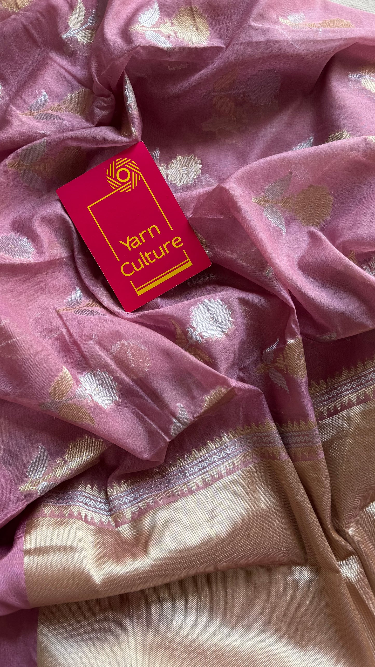 Dusty pink with gold and silver floral buttas, Banarasi semi-crepe silk - YCDESE46
