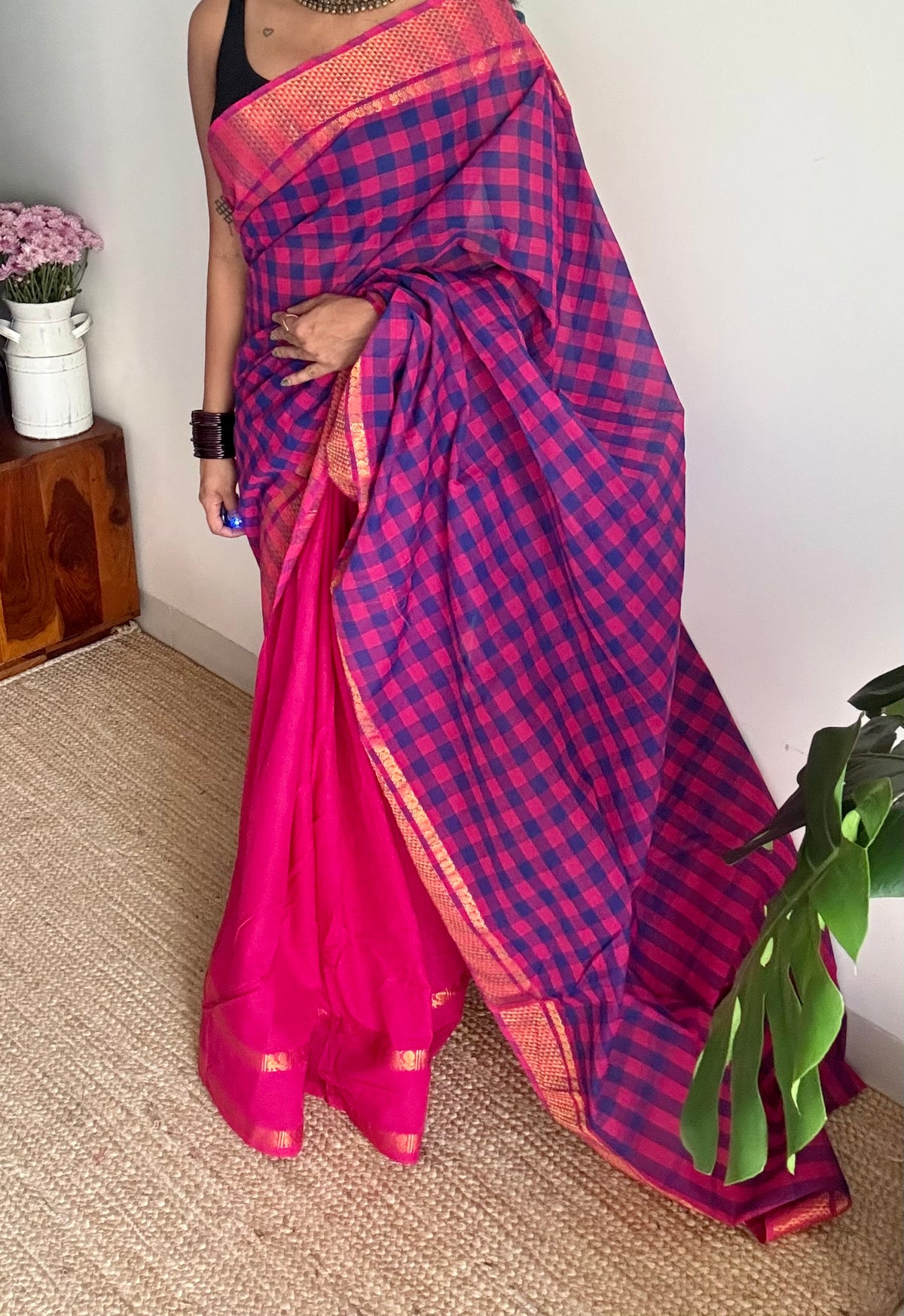 Multicoloured checks with hot pink, sungudi and chettinad cotton half and half saree - YCCOTNIDOC146