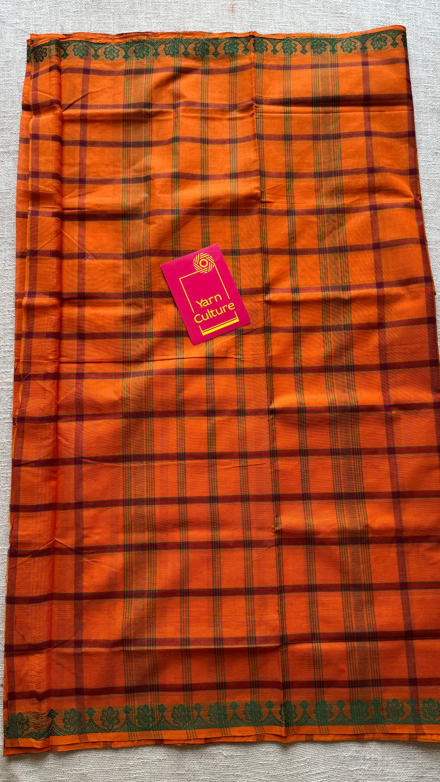 Orange Chettinad cotton saree with checks - YCCOTNCCFE147