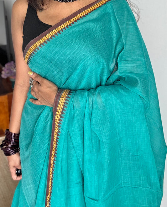 Dhonekhali handloom soft cotton saree, aqua blue with brown and yellow thread borders - YCBCDFE256
