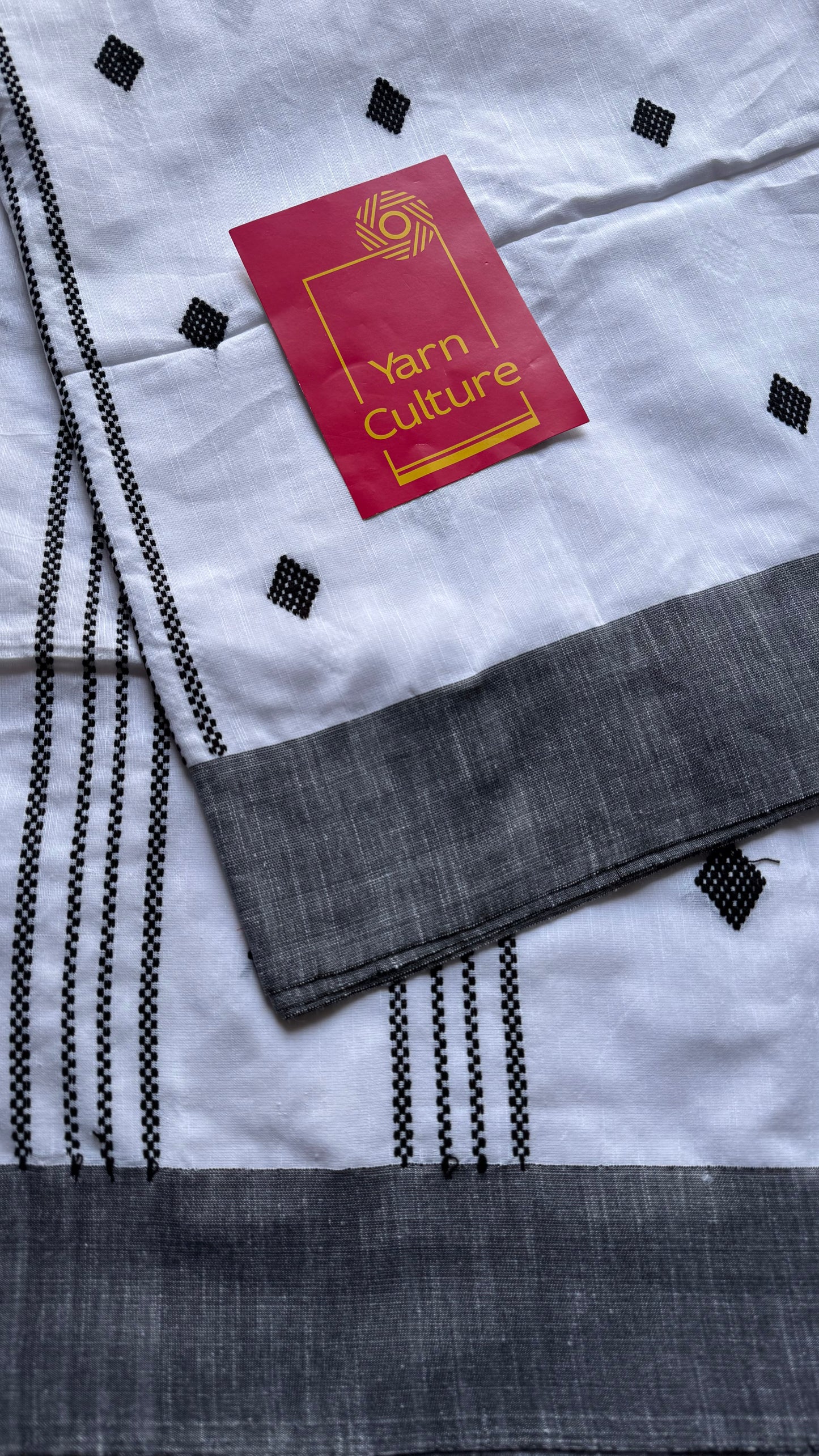 White with black, soft khadi cotton with woven motifs - YCBCKCDE23