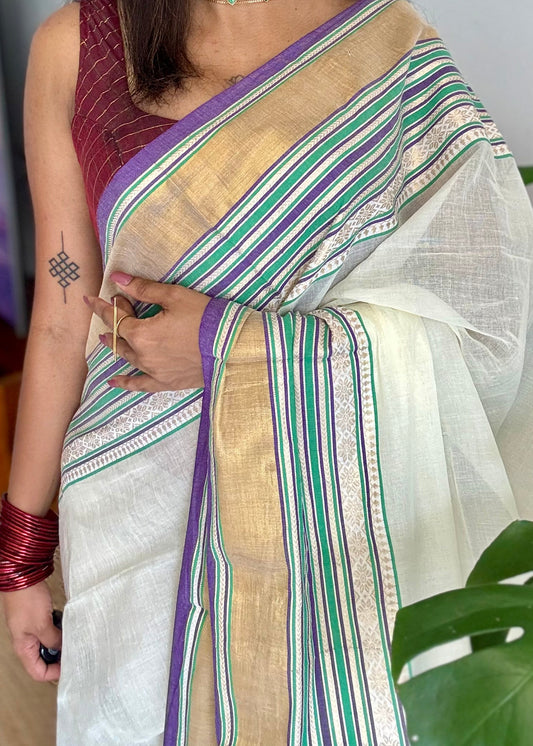 Ivory mul saree, purple, green and gold kanchi border - YCIEON29