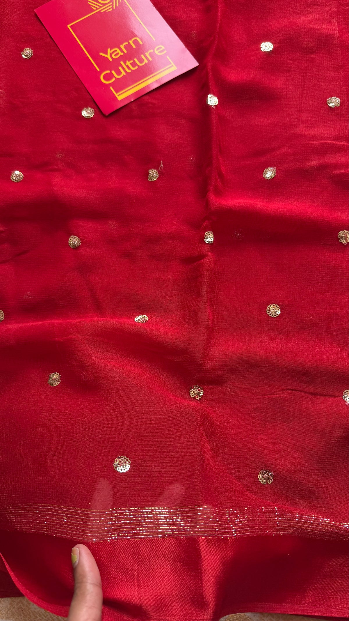 Red viscose georgette saree, gold buttas, satin border - YCDOSOC45