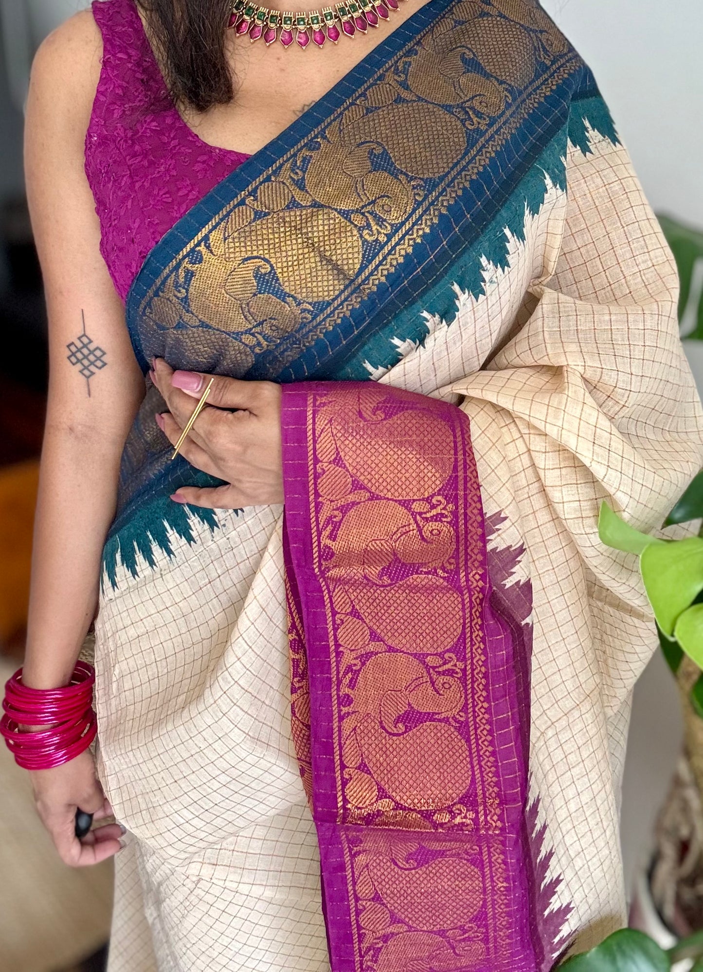 Sungudi cotton checks, ivory gold base, teal and magenta dual tone border, soft cotton - YCIEON100