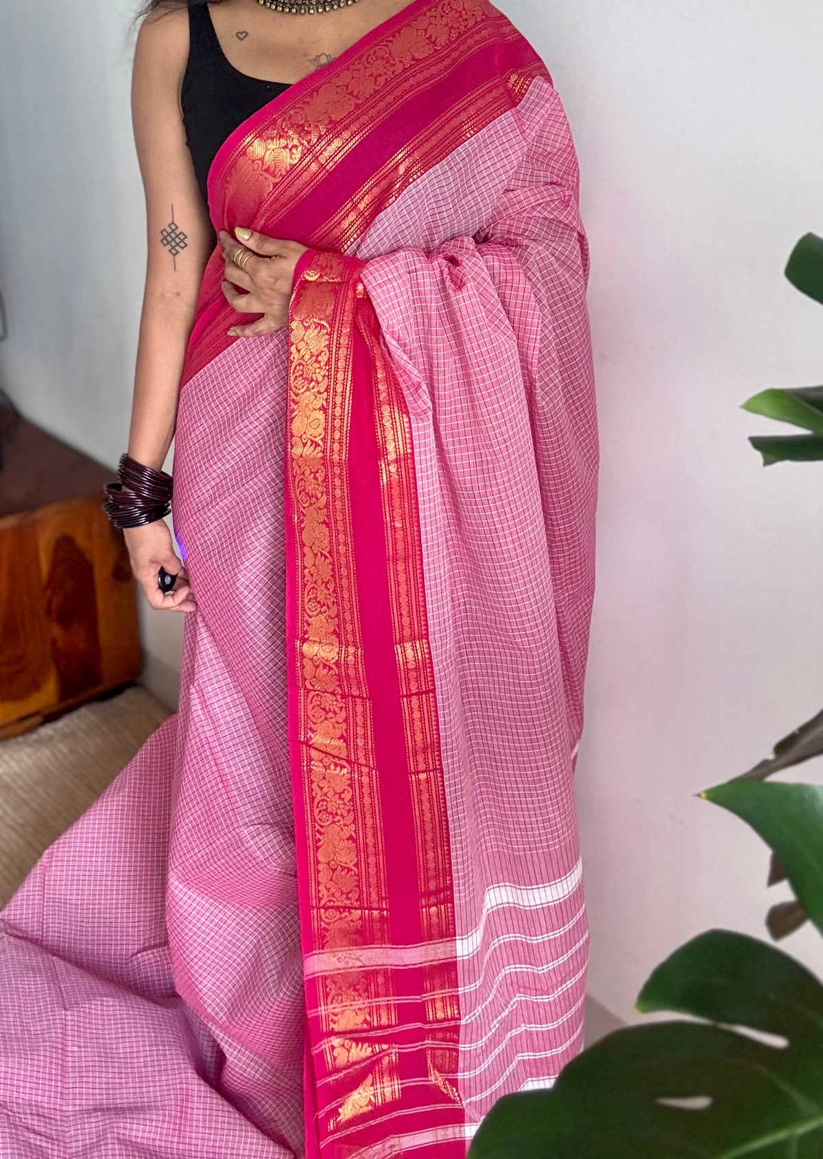 Pink checks with hot pink zari border kanchi cotton saree - YCCOTNCKSE21