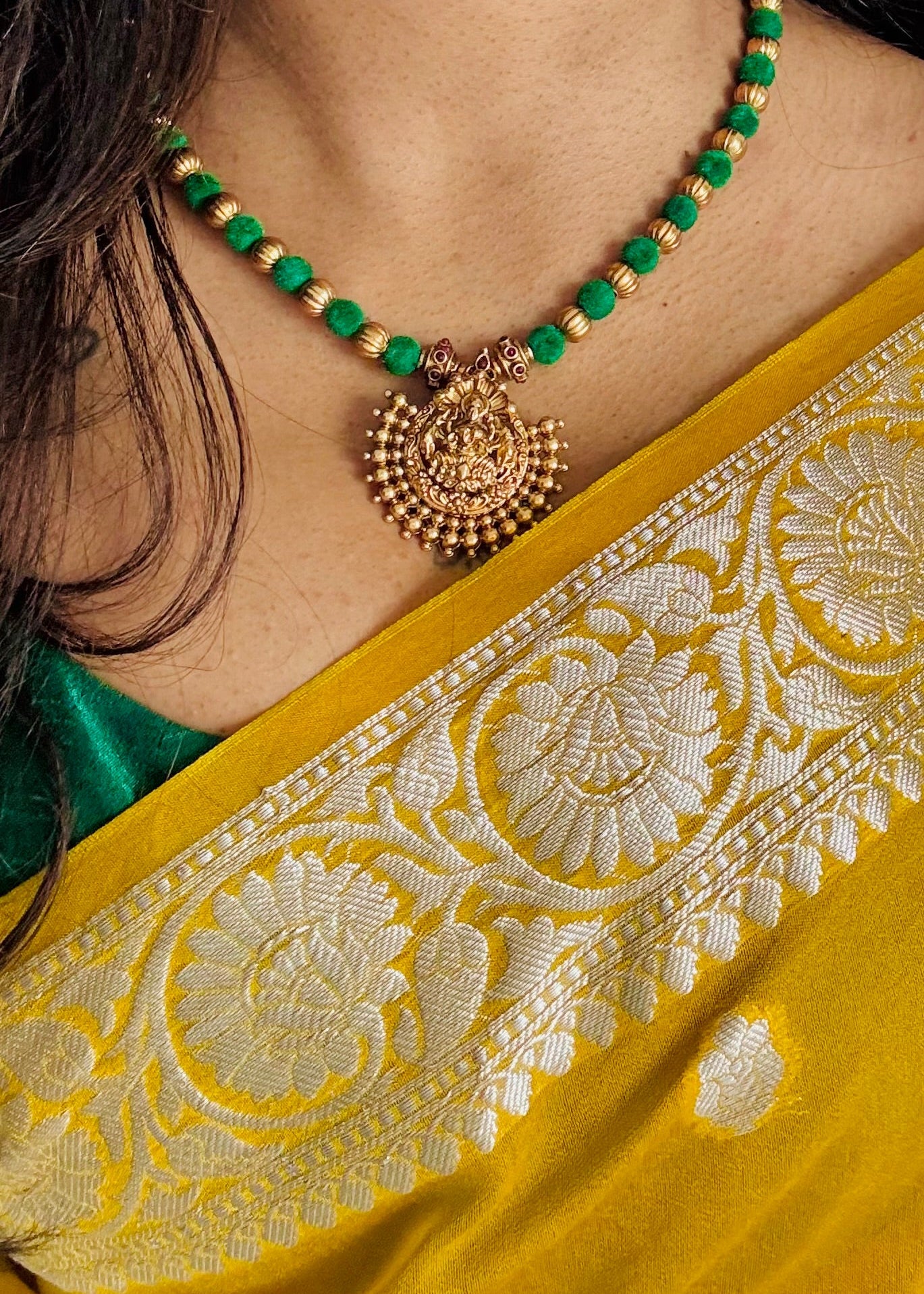 Green with gold beads, temple pendant in antique gold finish neckpiece - YCGPNP656