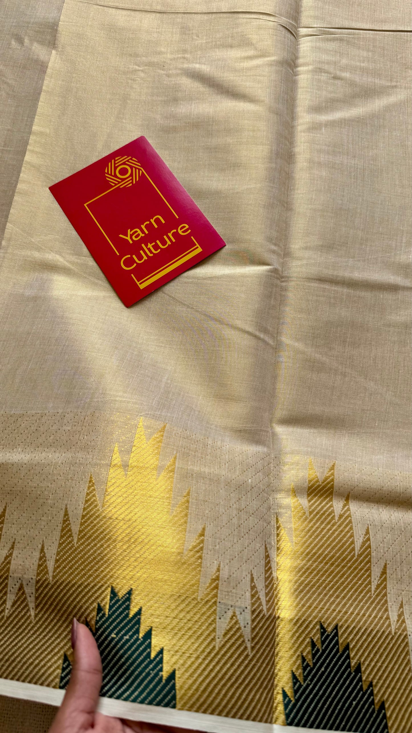 Ivory and gold kerala kasavu saree, dark green temple border - YCIEON47