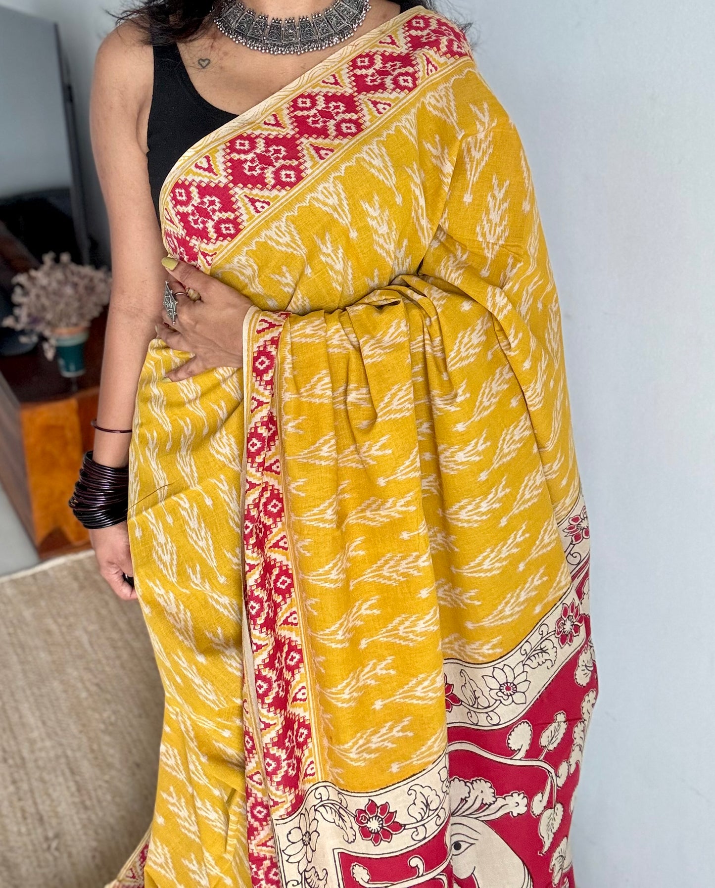 Yellow with red kalamkari, ikat motifs, soft cotton - YCWOTDOCMP82